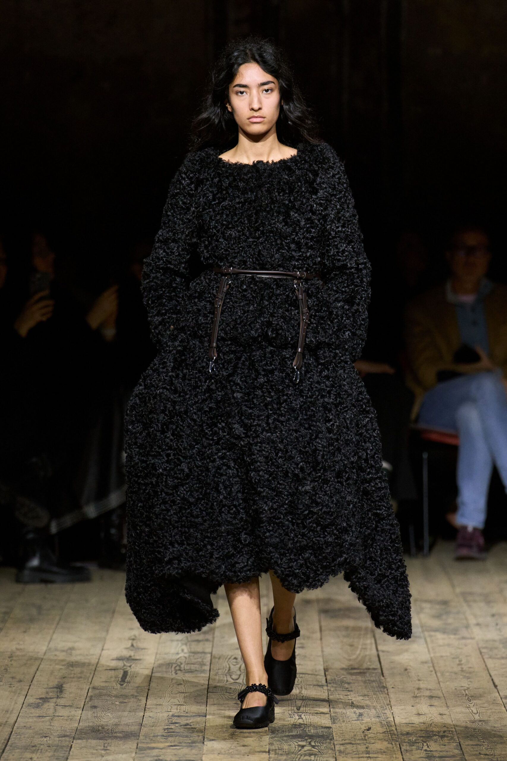 black wool long-sleeve high-neck relaxed ruffled tiered dress