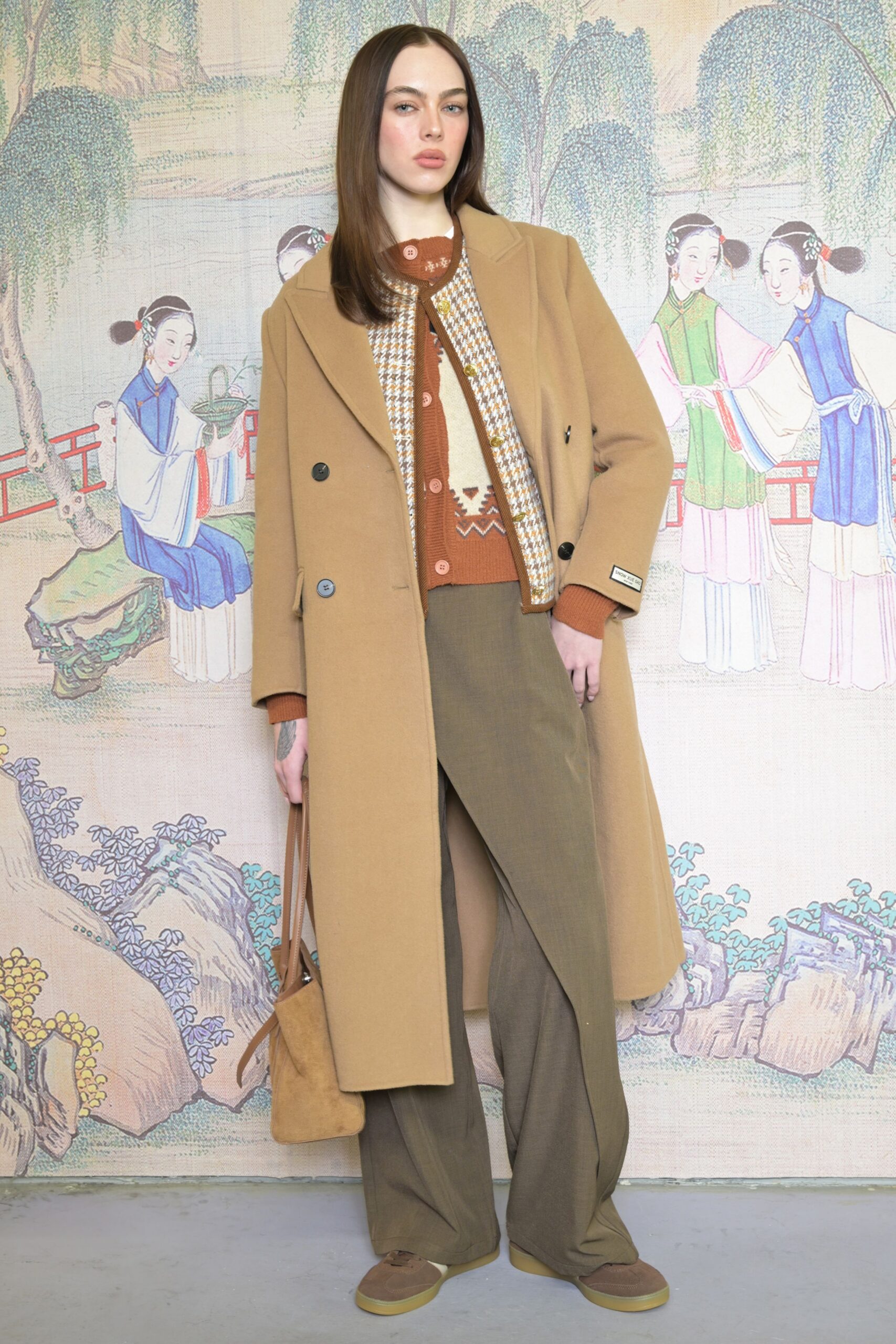 beige wool long-sleeve double-breasted tailored buttoned coat