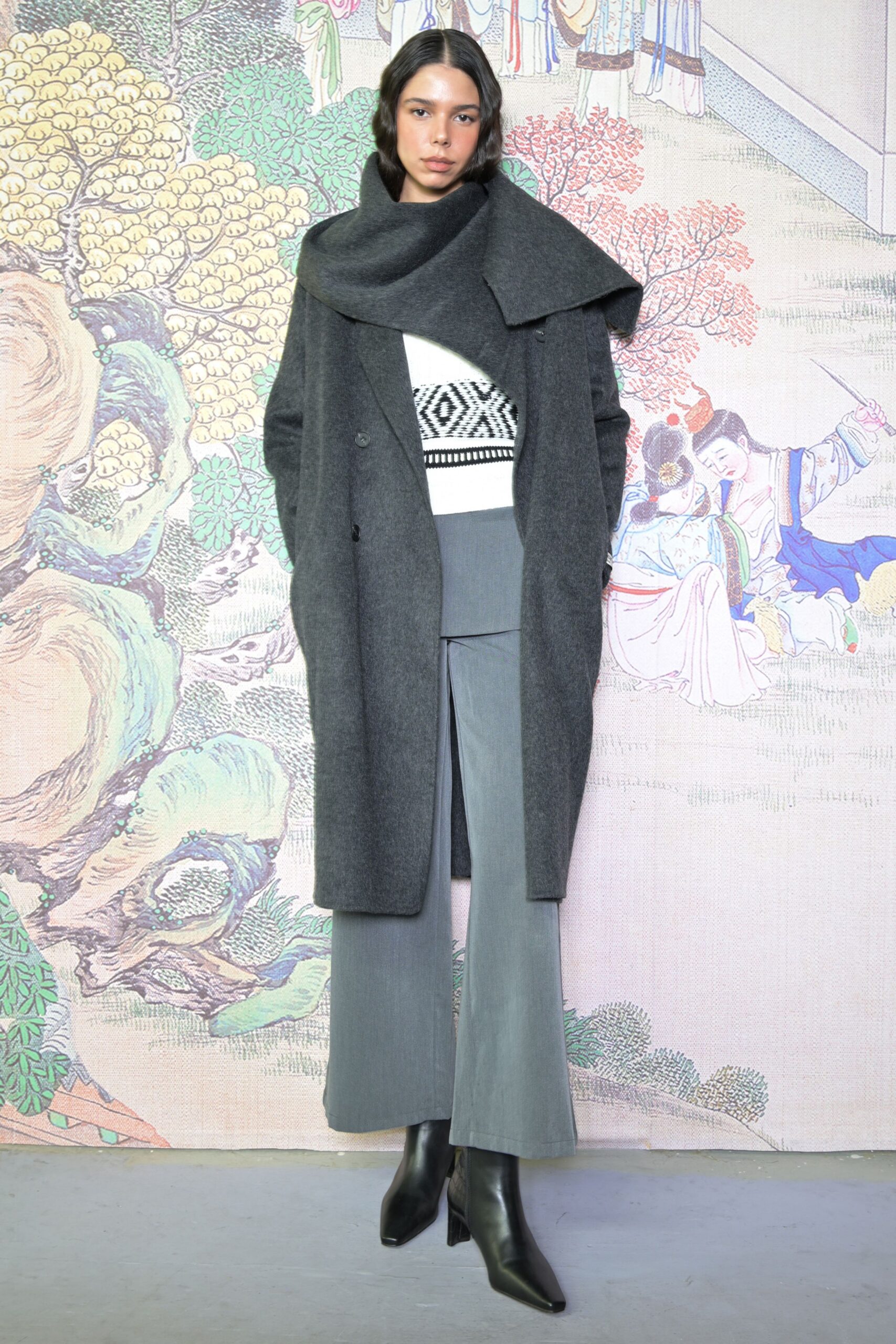 gray wool long-sleeve collared relaxed layered coat