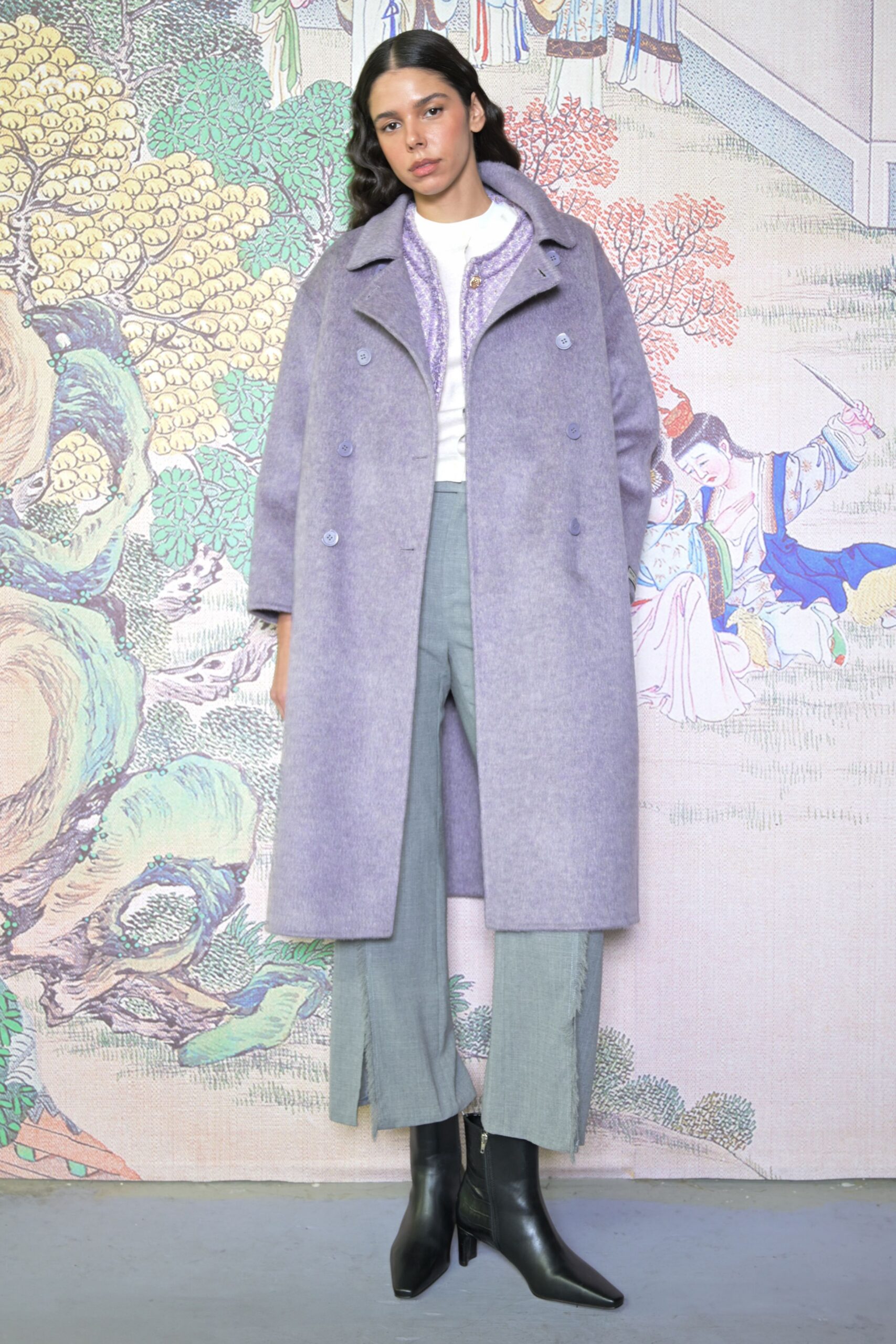 purple wool long-sleeve collared relaxed buttoned coat