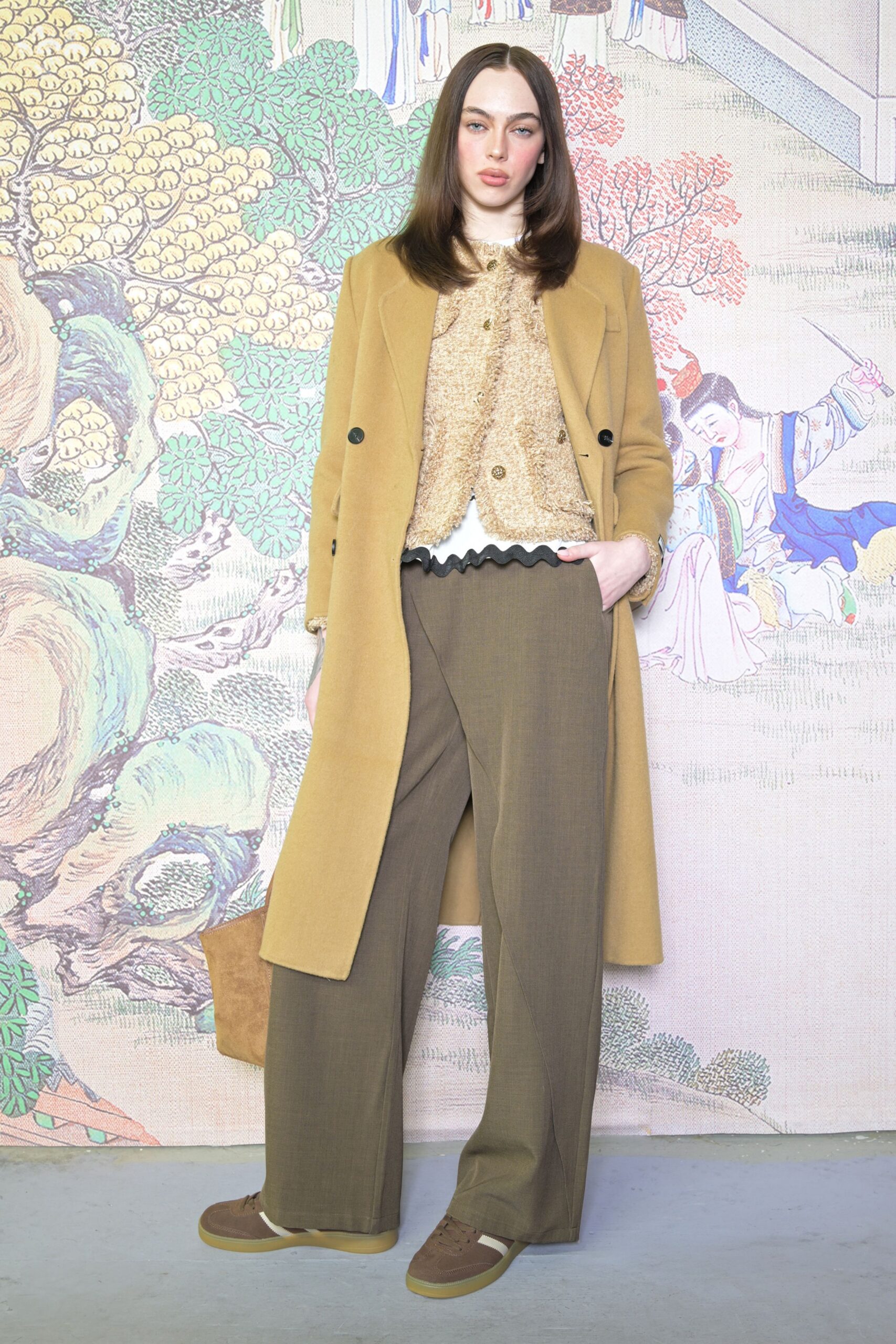 beige wool long-sleeve collared tailored buttoned midi coat
