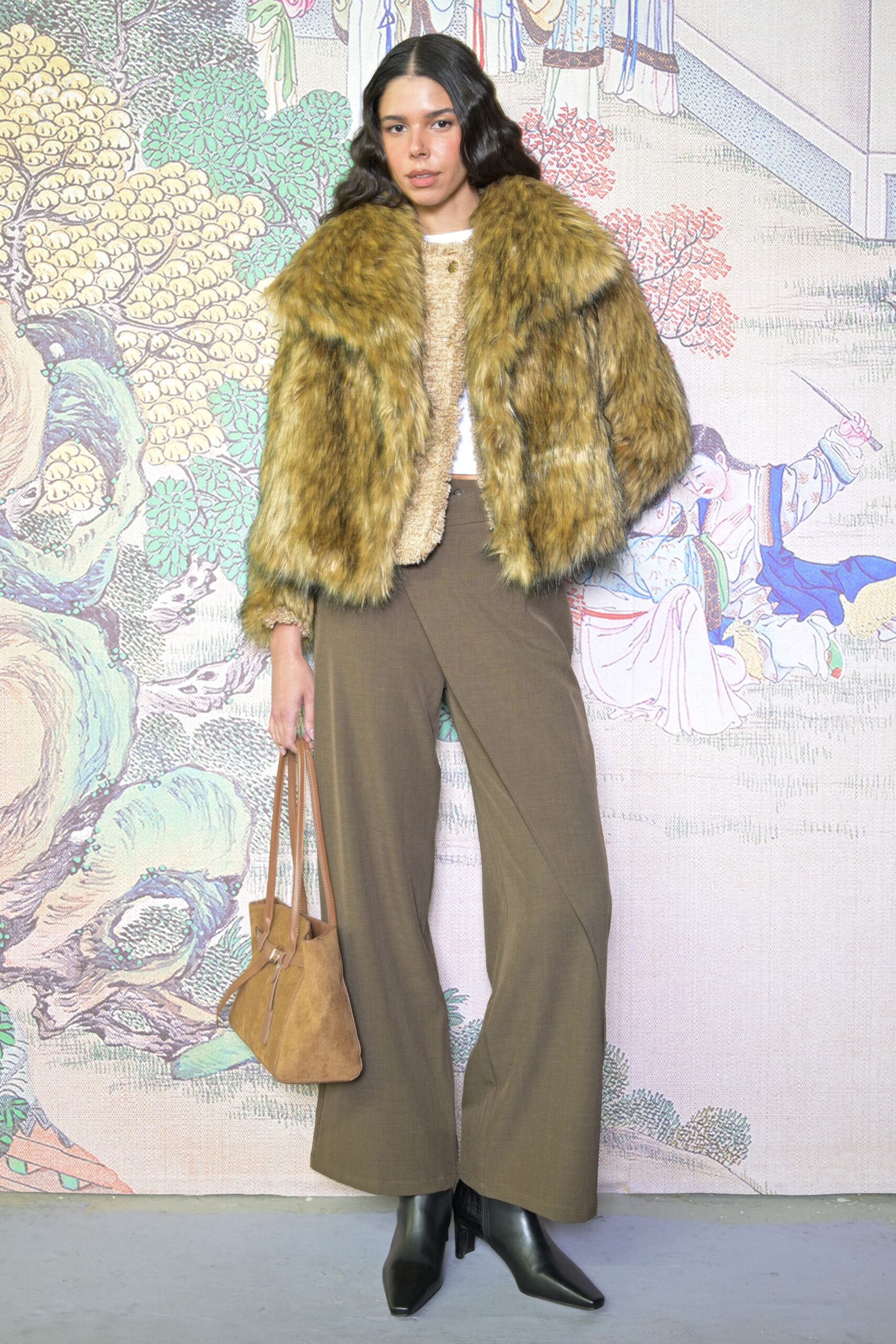 brown wool tailored wide-leg pants