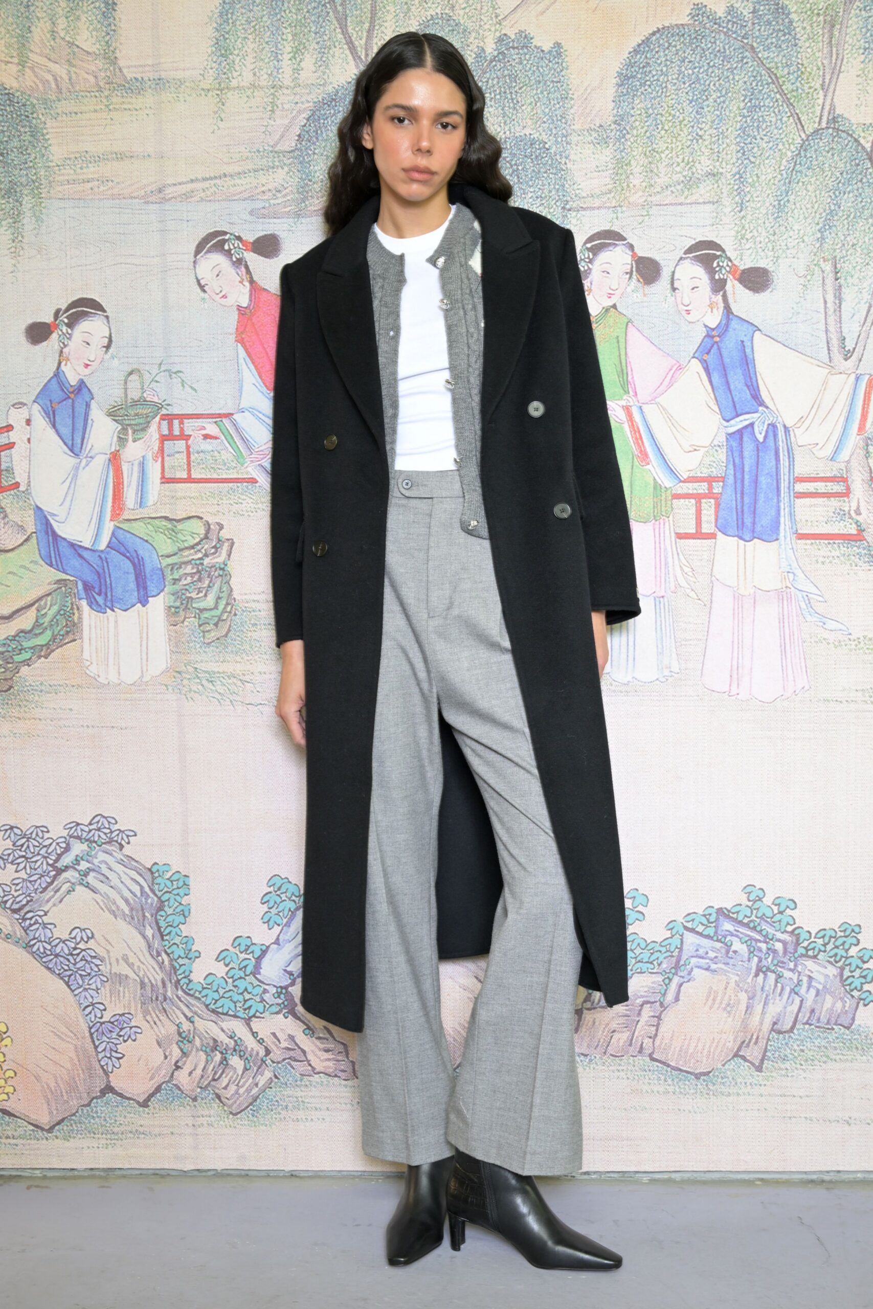 gray wool tailored high-waisted straight-leg pants