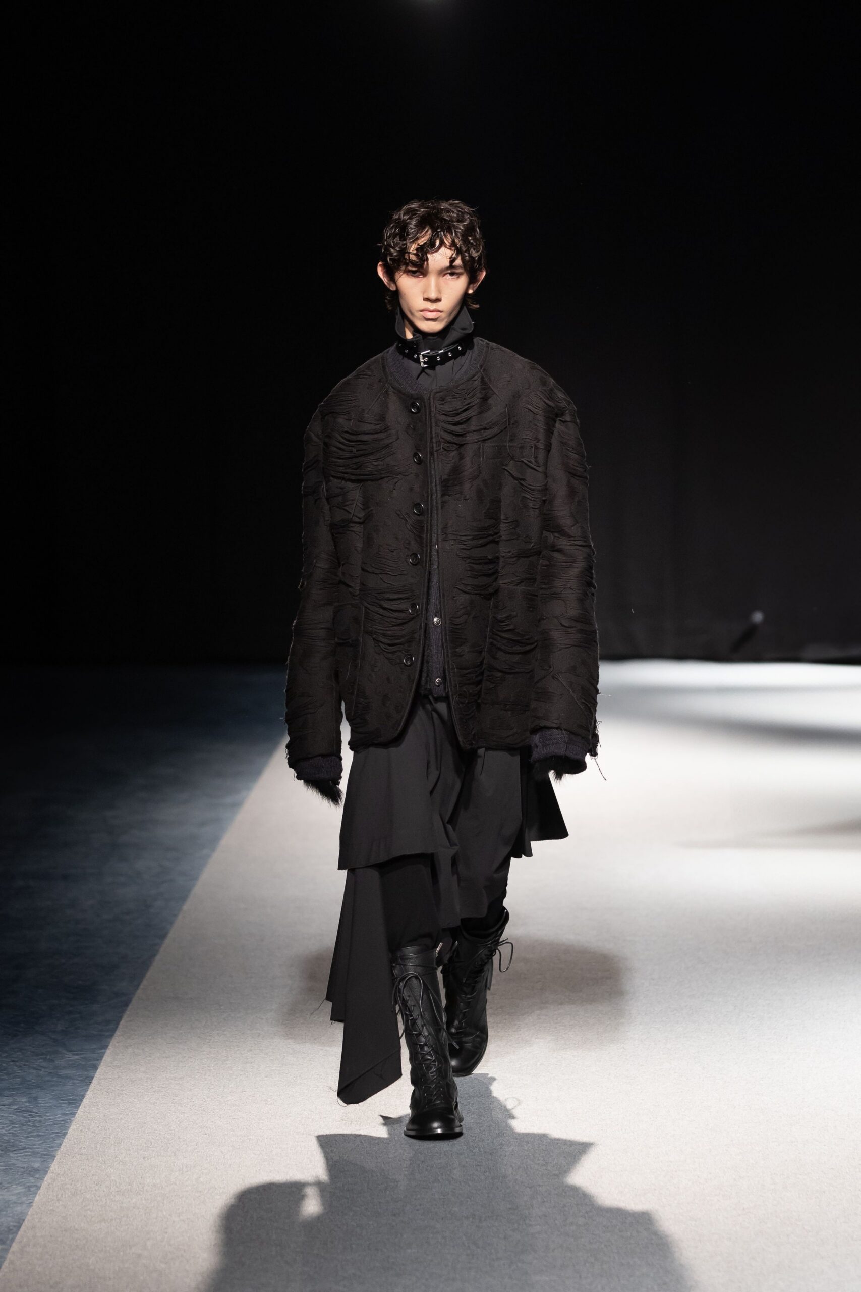 black cotton long-sleeve collared oversized layered zippered jacket