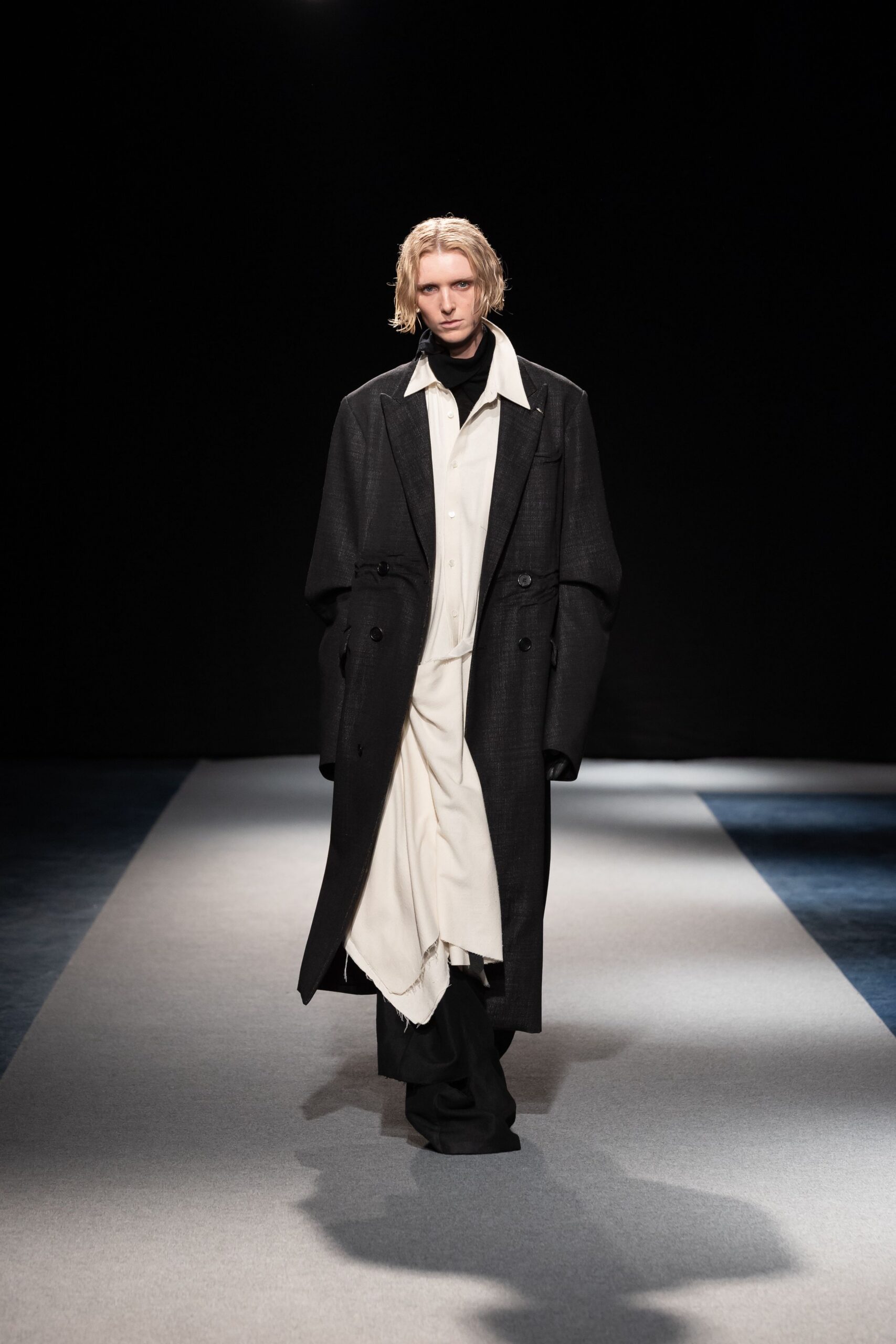 black wool long-sleeve collared oversized buttoned coat