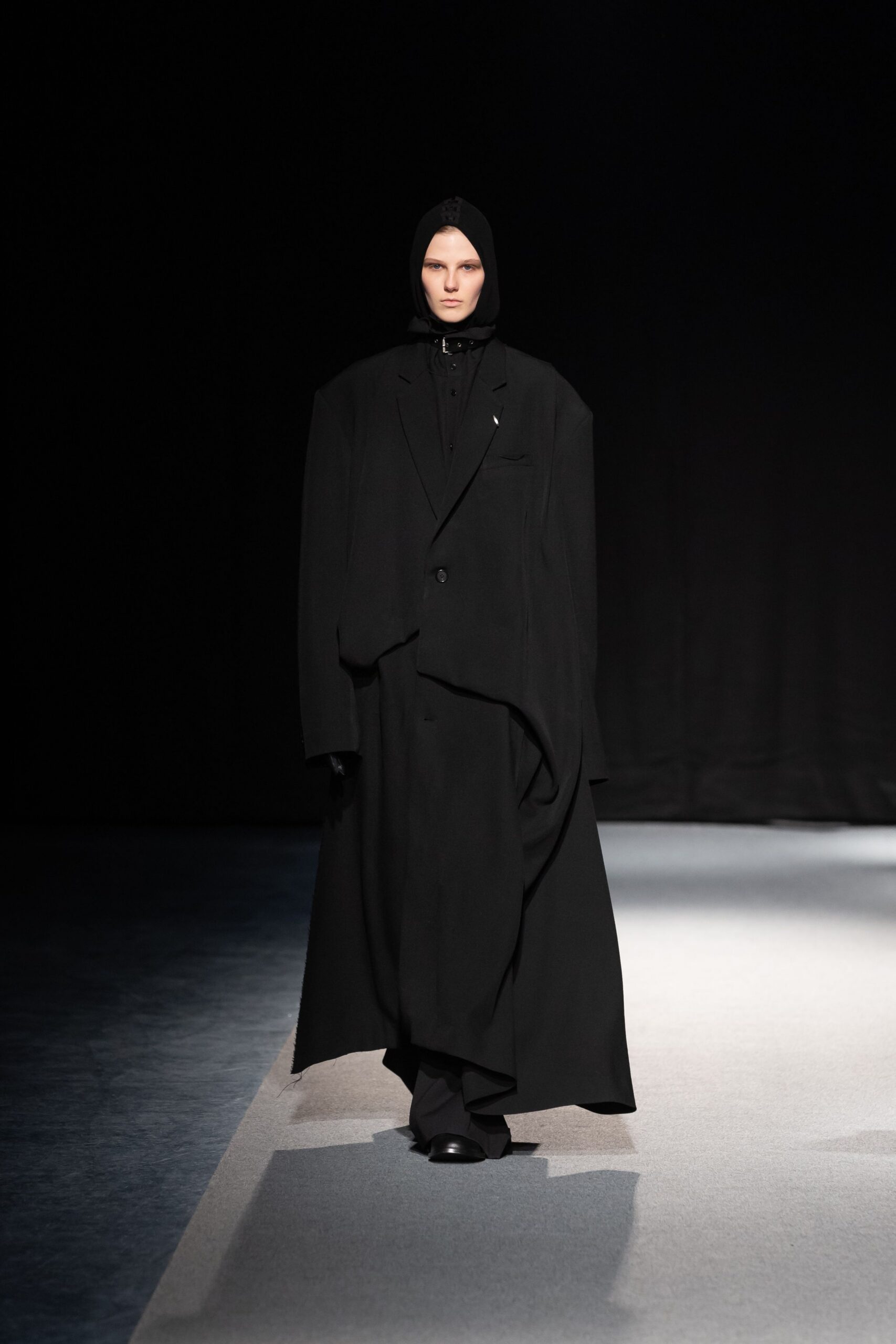 black wool long-sleeve collared oversized draped maxi coat
