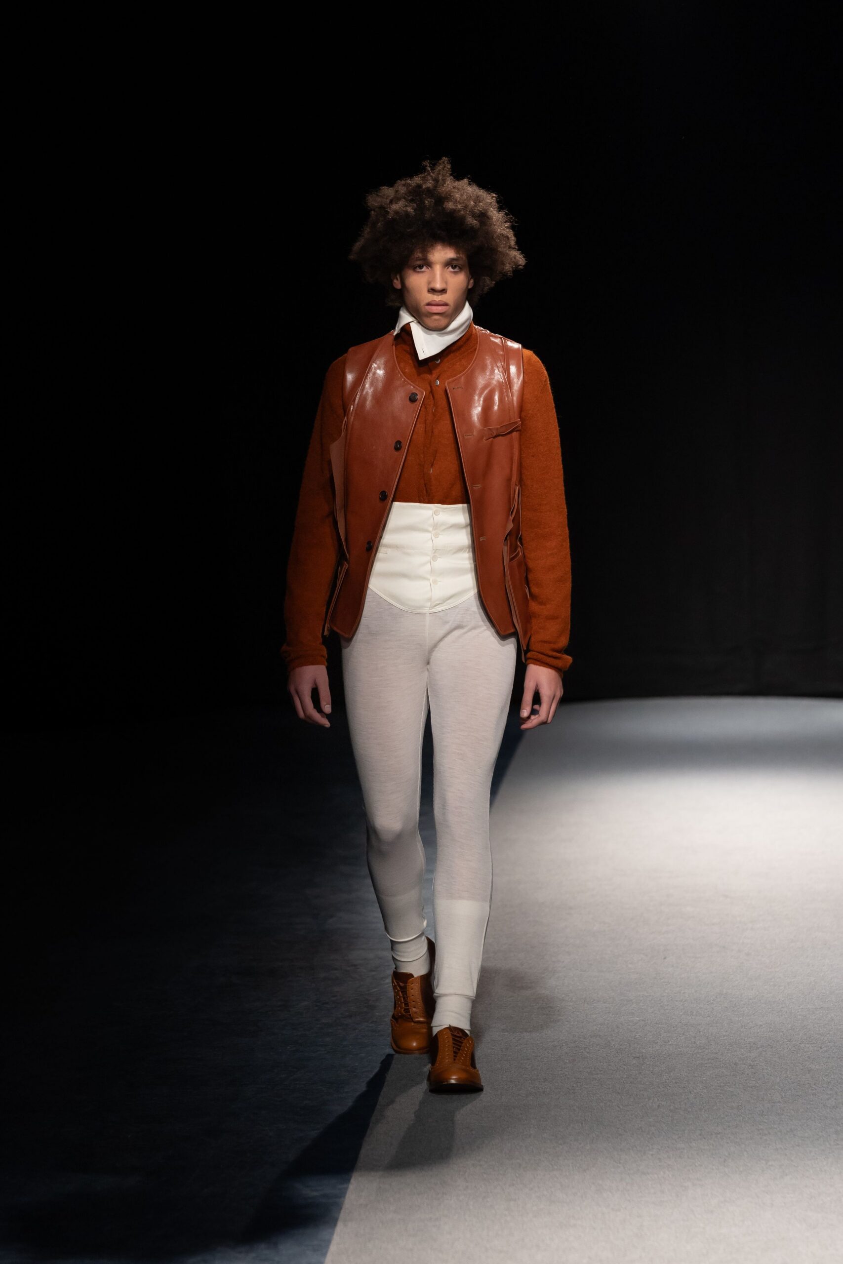 brown leather long-sleeve collared fitted zippered jacket