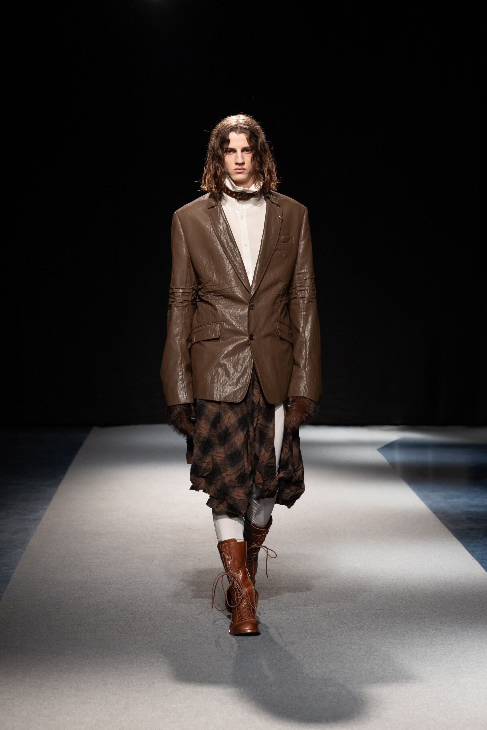 brown leather long-sleeve collared structured blazer