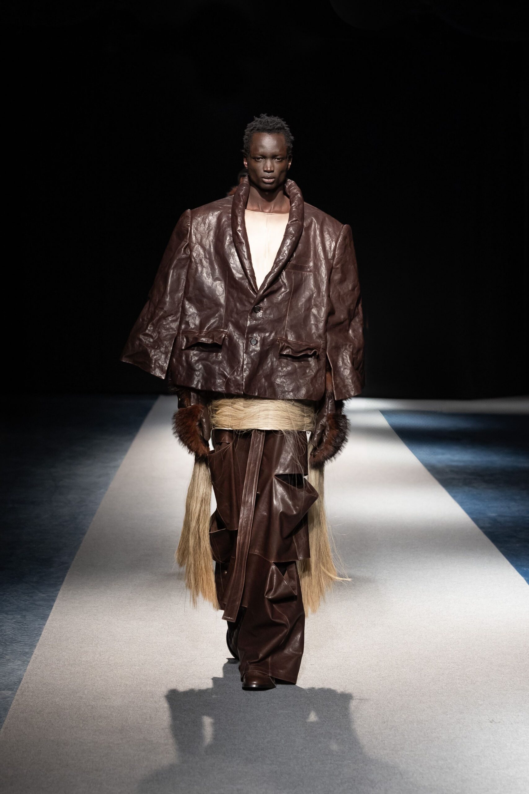 oversized brown leather jacket and pants