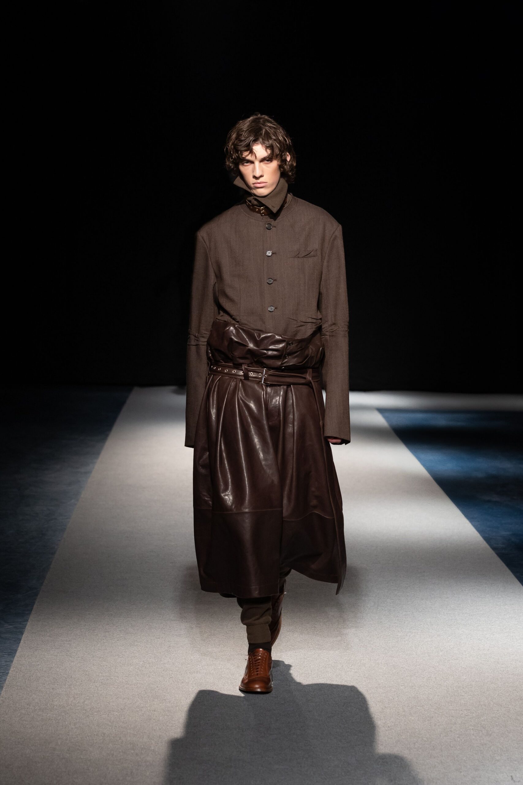 brown leather long-sleeve collared fitted buttoned pleated coat