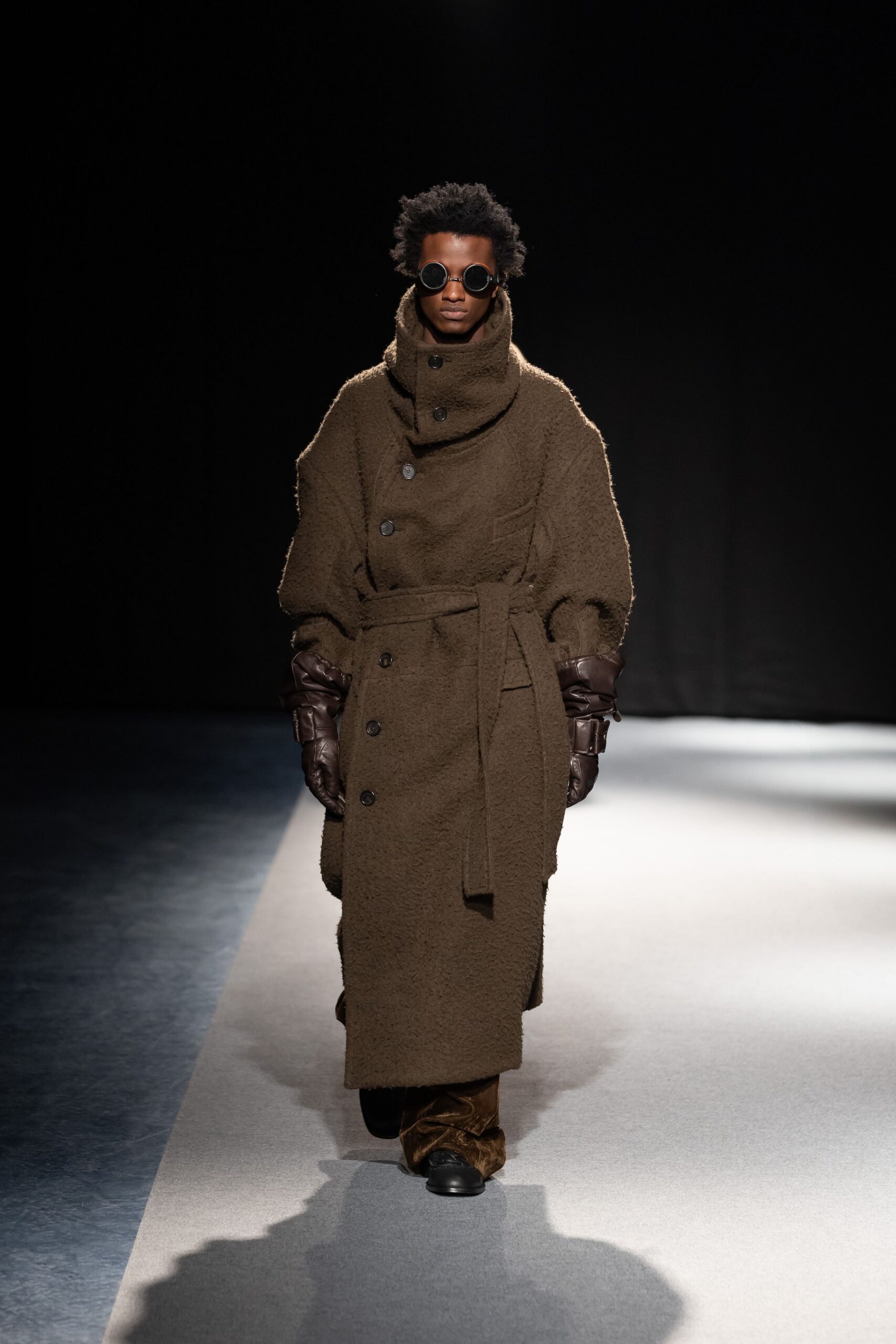 brown wool long-sleeve collared relaxed belted coat