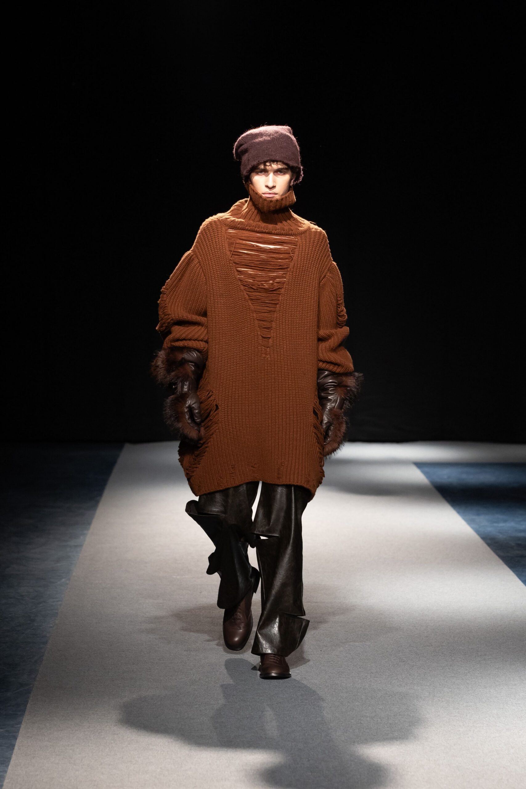 brown wool long-sleeve high-neck oversized pleated sweater