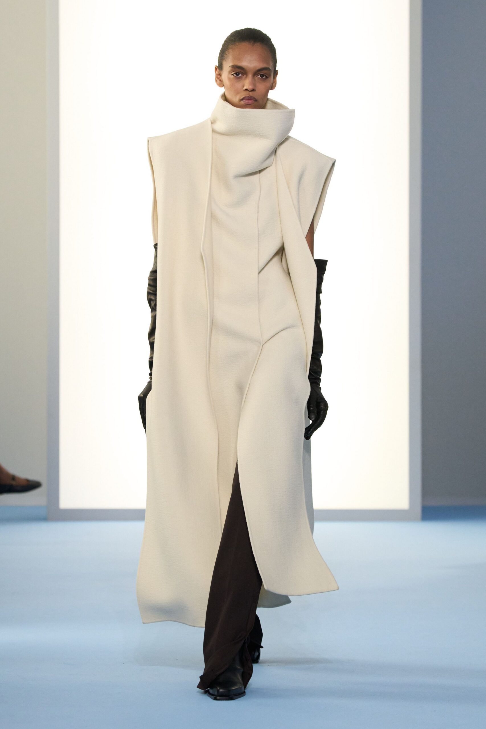 beige wool long-sleeve high-neck relaxed layered maxi coat