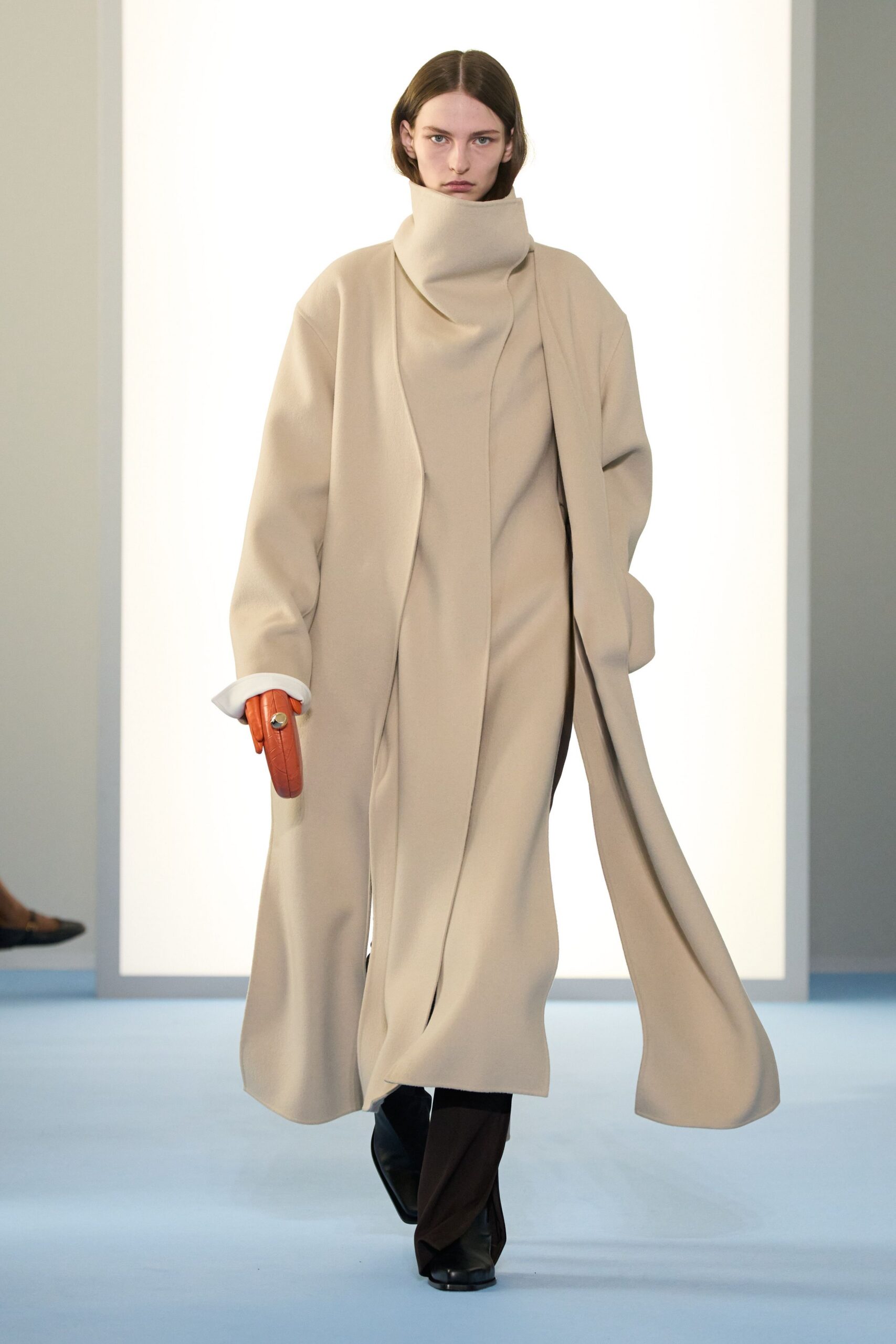 beige wool long-sleeve high-neck relaxed layered maxi coat