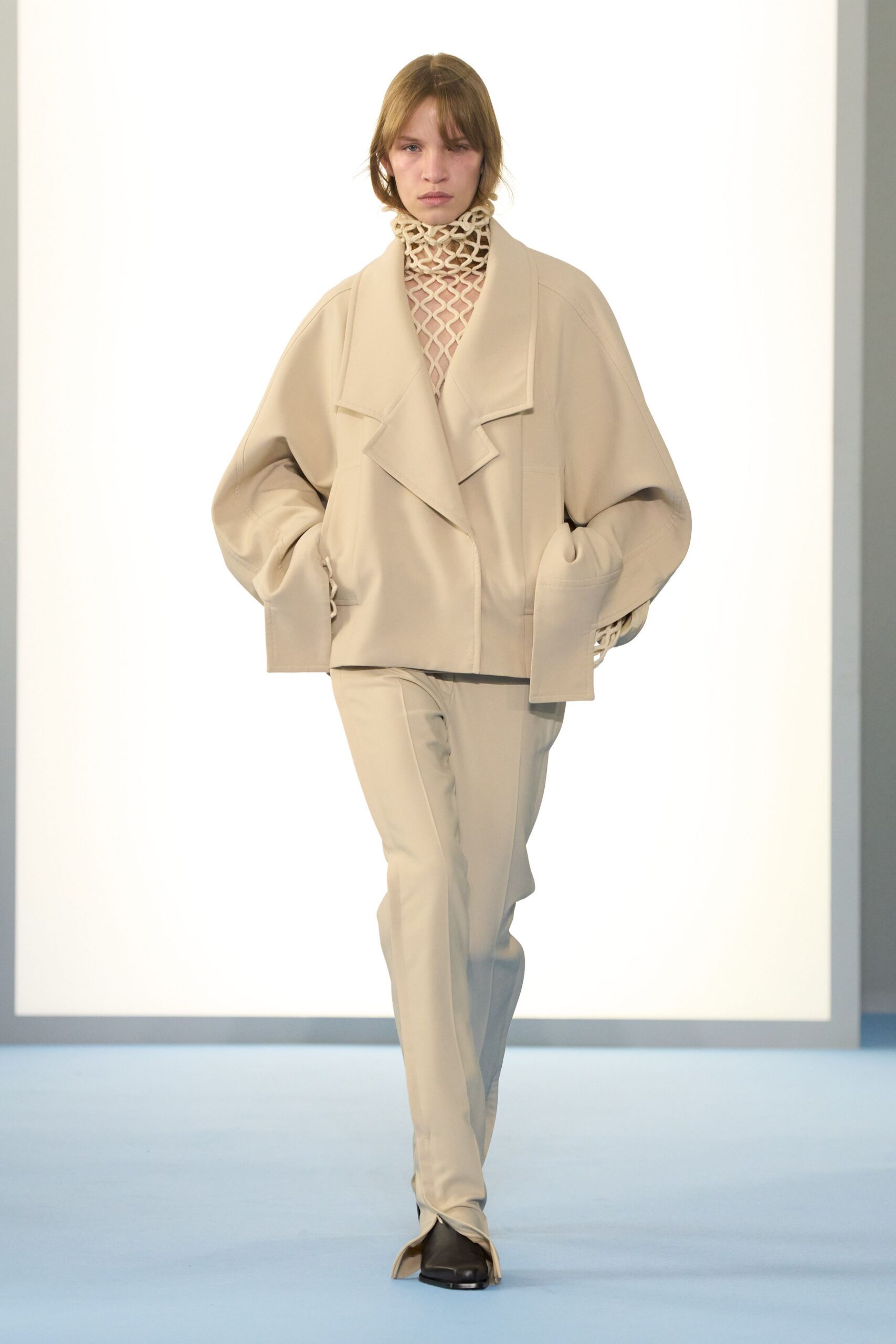 beige cotton long-sleeve collared oversized layered jacket