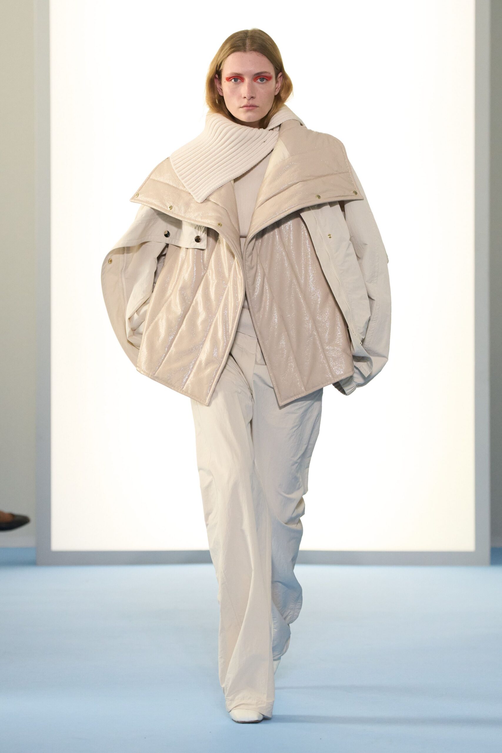 beige vinyl long-sleeve collared oversized zippered quilted jacket