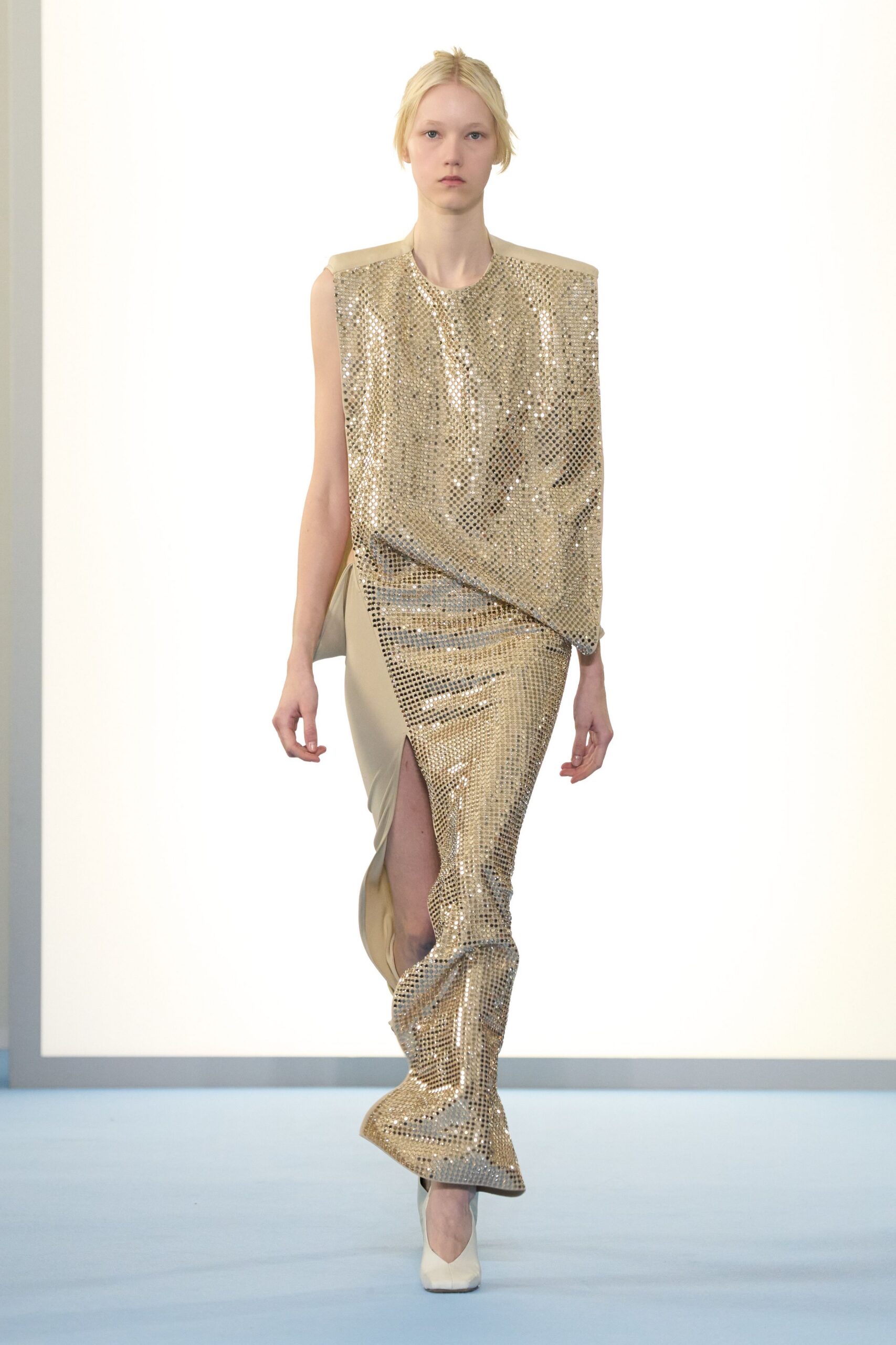 gold sequin sleeveless high-neck fitted shiny maxi gown