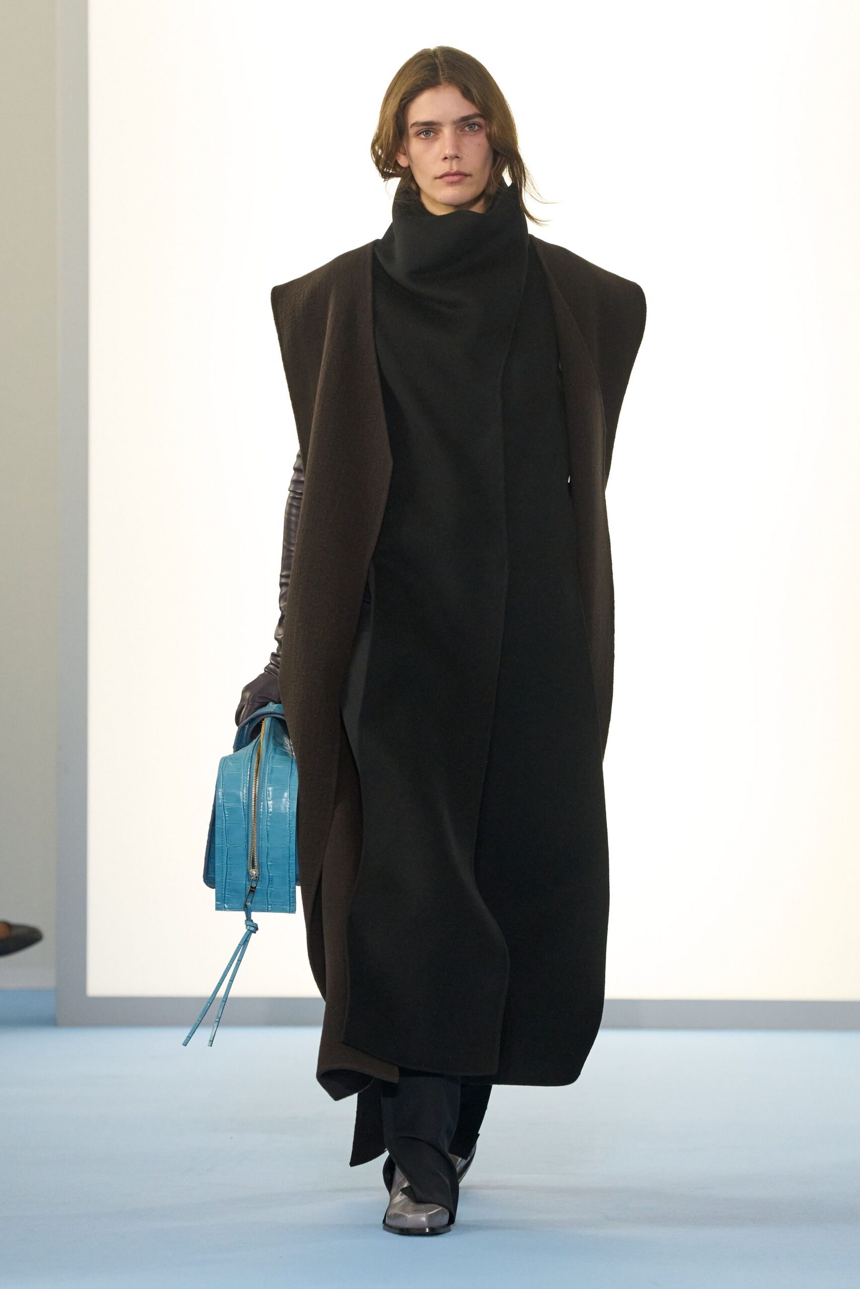 black wool long-sleeve high-neck relaxed layered maxi coat