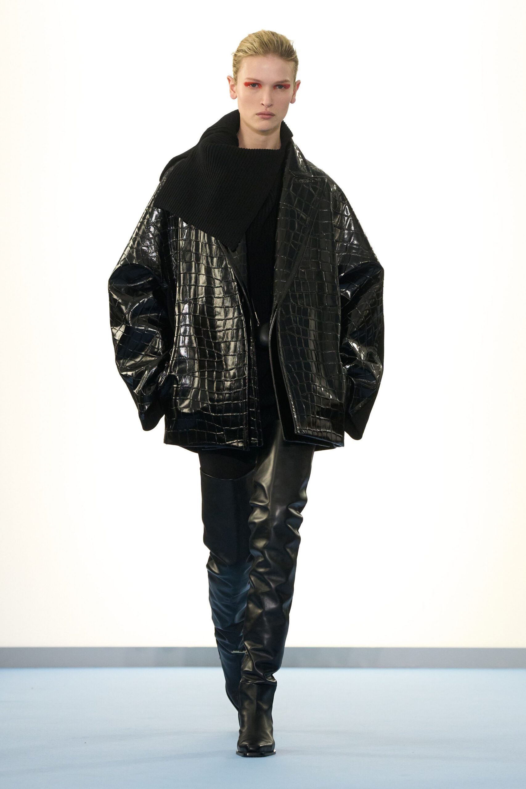 black vinyl long-sleeve collared oversized textured shiny jacket