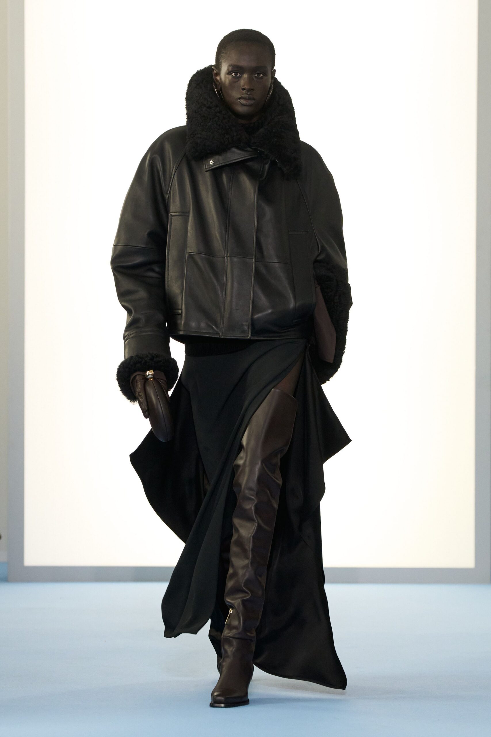black leather long-sleeve collared oversized zippered jacket