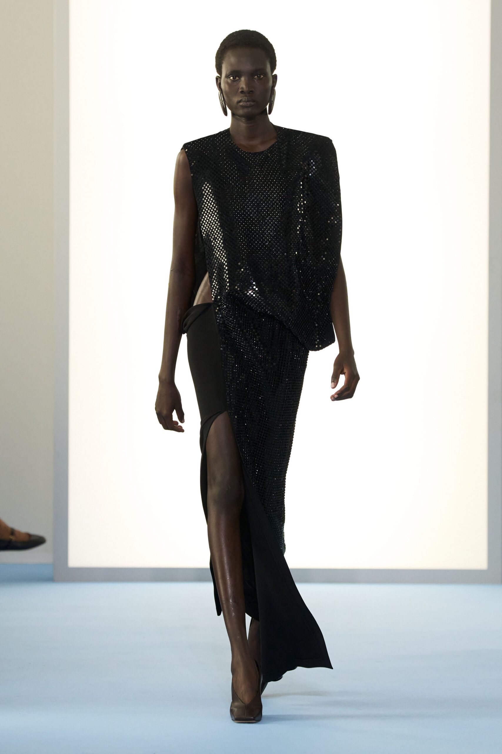 black sequin sleeveless high-neck fitted shiny midi dress