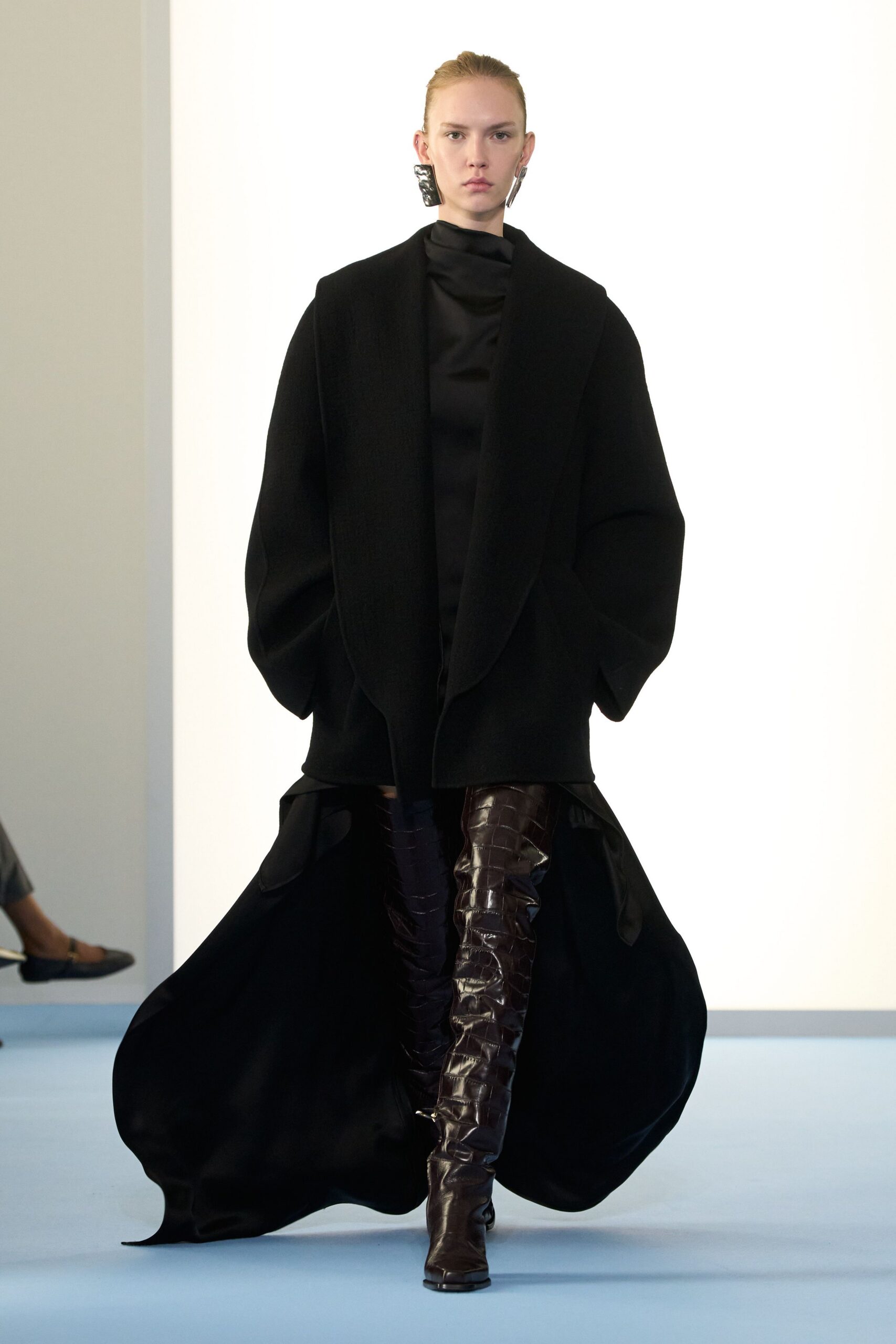 black wool long-sleeve collared oversized draped maxi coat
