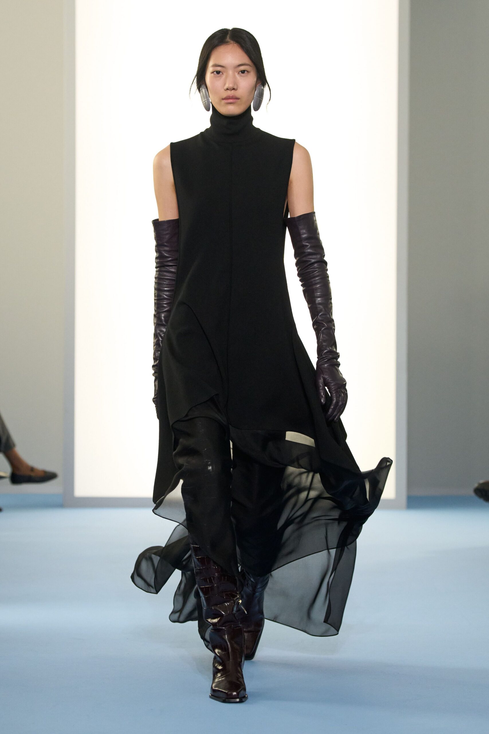 black silk sleeveless high-neck fitted layered flowing dress
