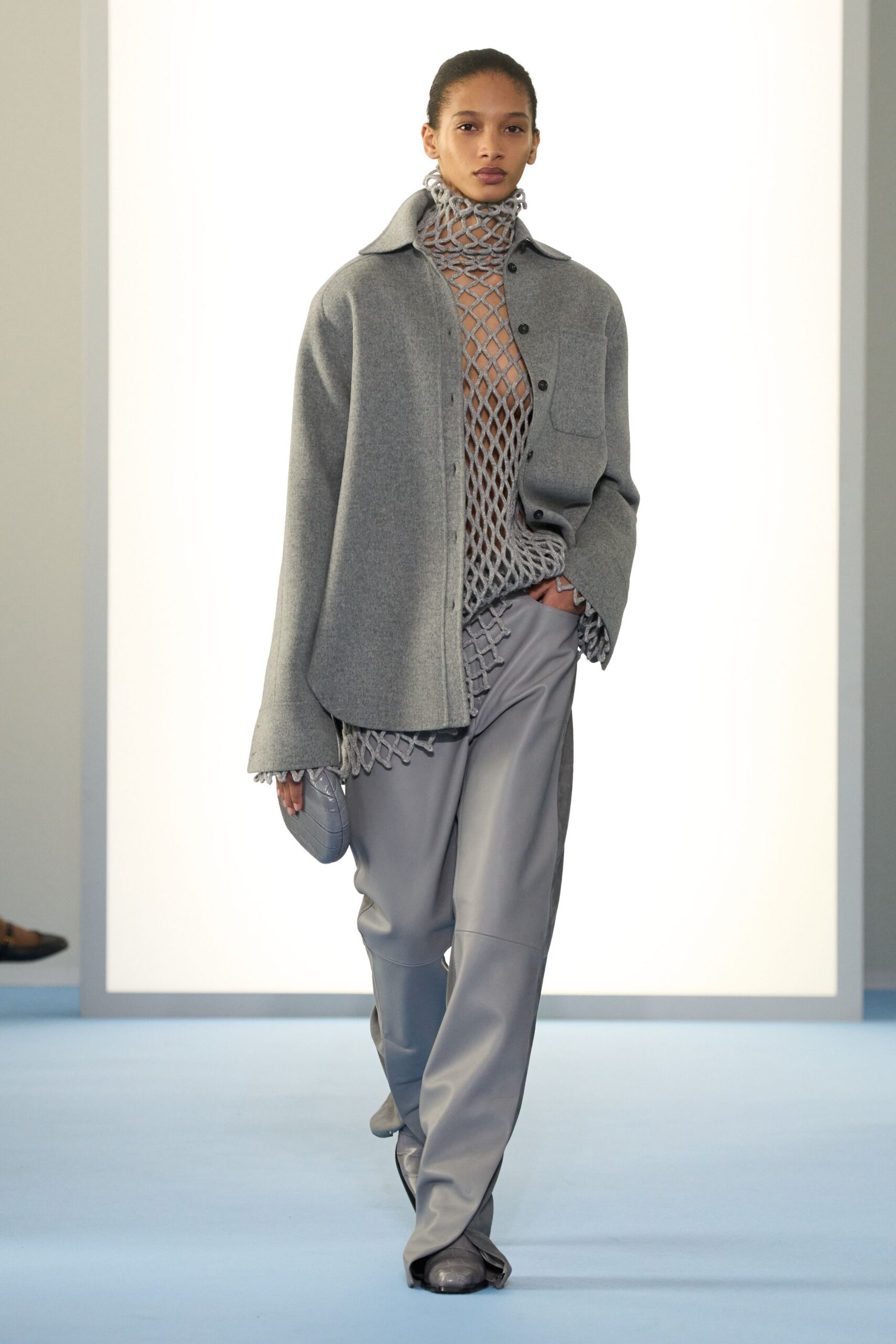 gray cotton long-sleeve high-neck fitted layered top