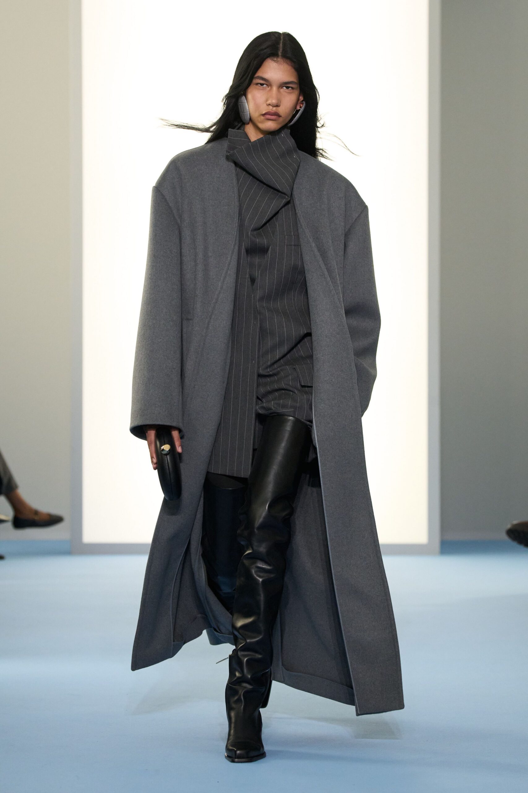 gray wool long-sleeve collared relaxed buttoned maxi coat