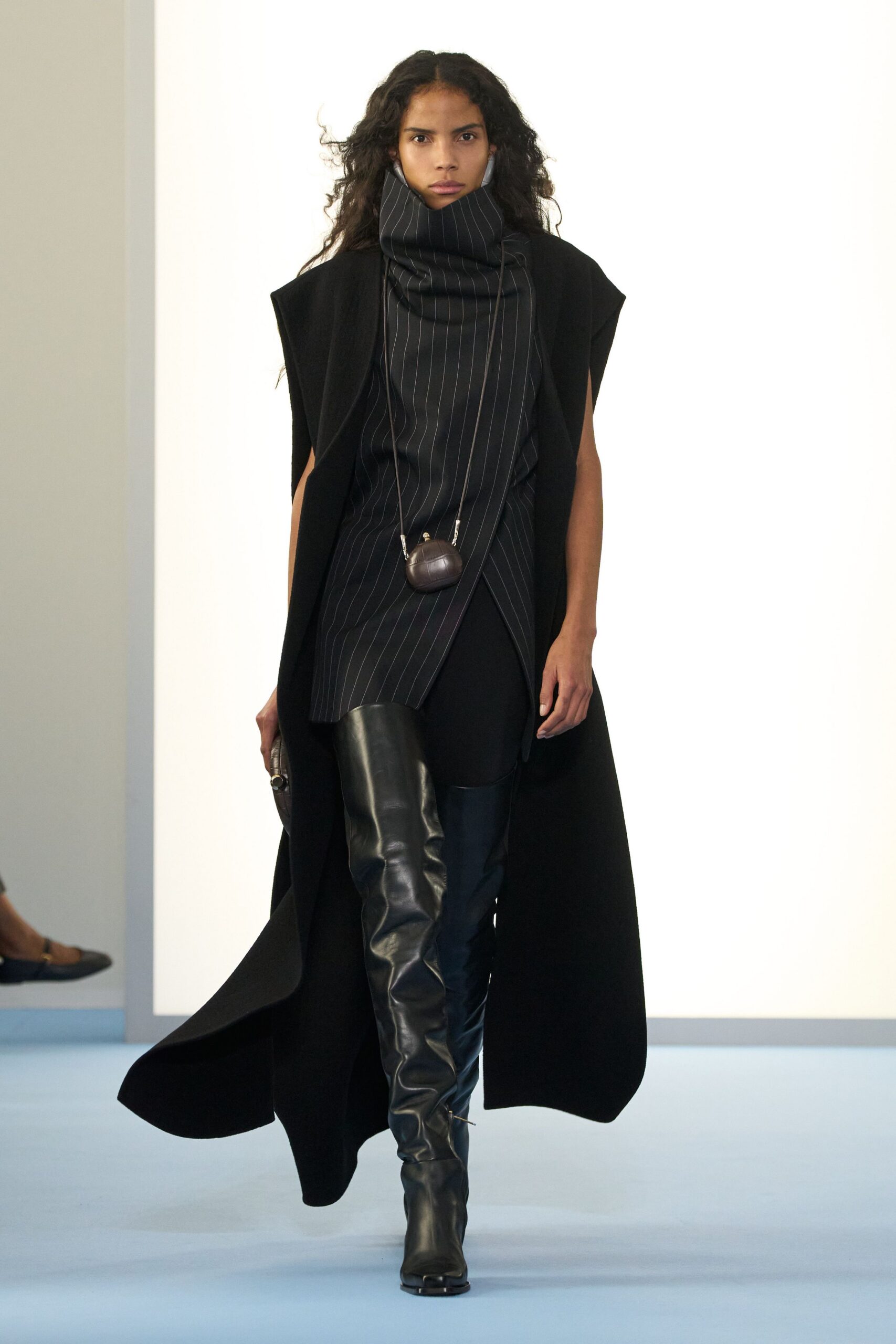 black wool long-sleeve collared relaxed layered maxi coat
