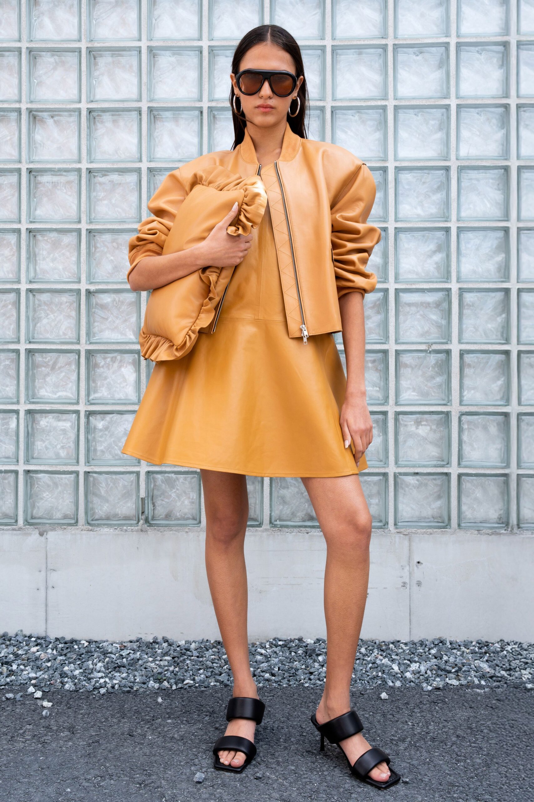 yellow leather sleeveless v-neck fitted a-line mini dress