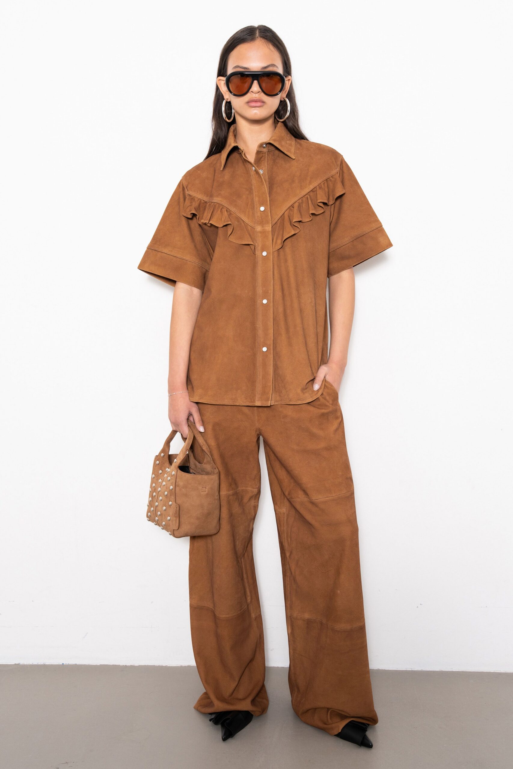 brown suede relaxed wide-leg pants
