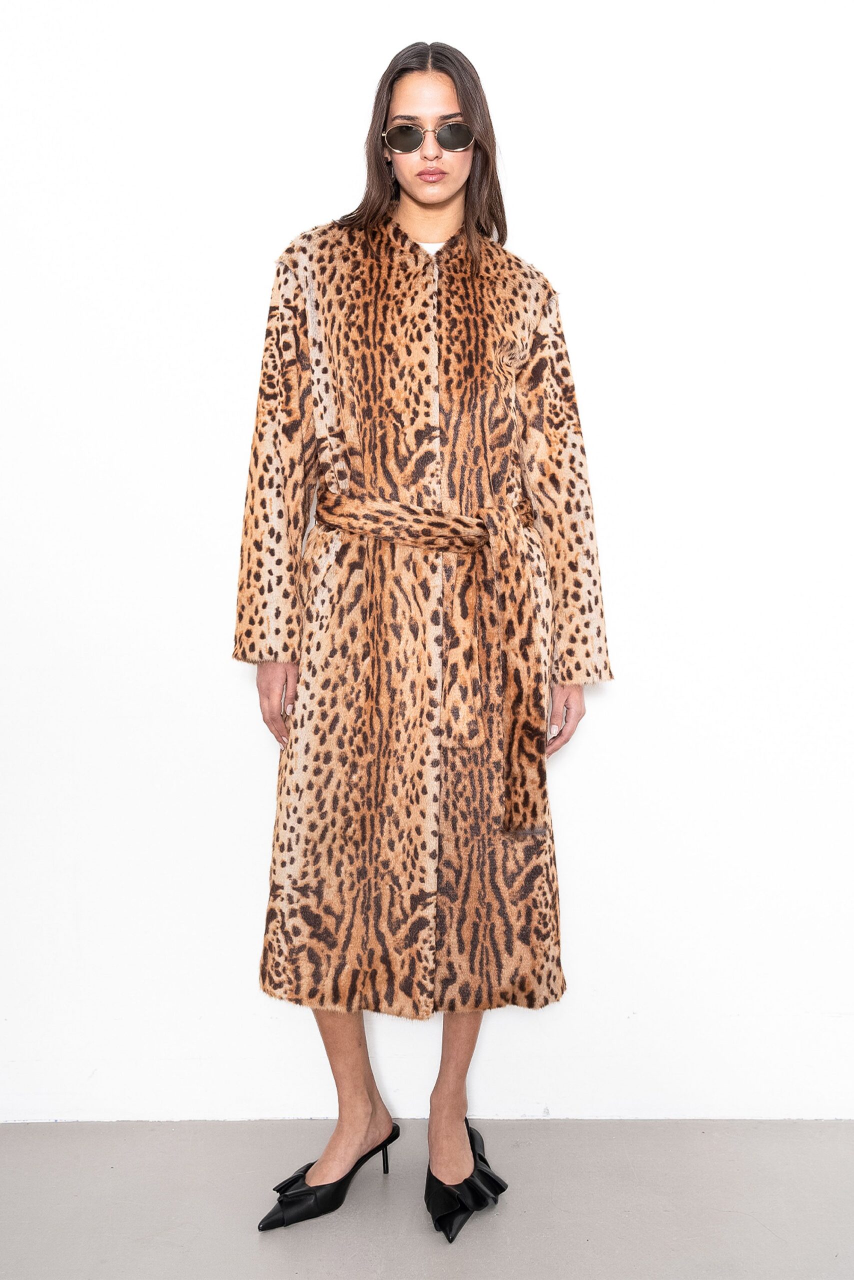 brown fur long-sleeve collared relaxed animal-print belted coat