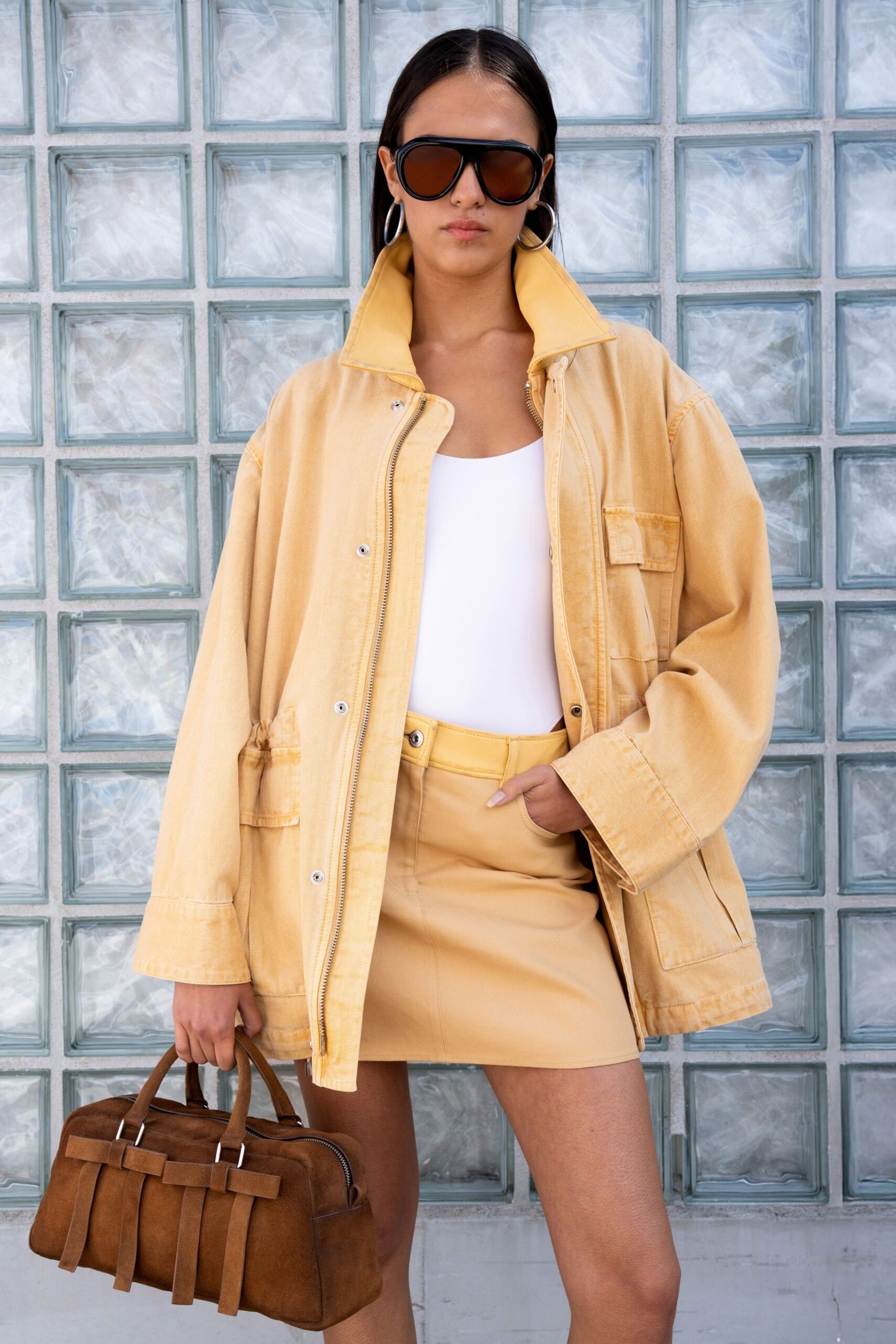 yellow denim long-sleeve collared oversized jacket