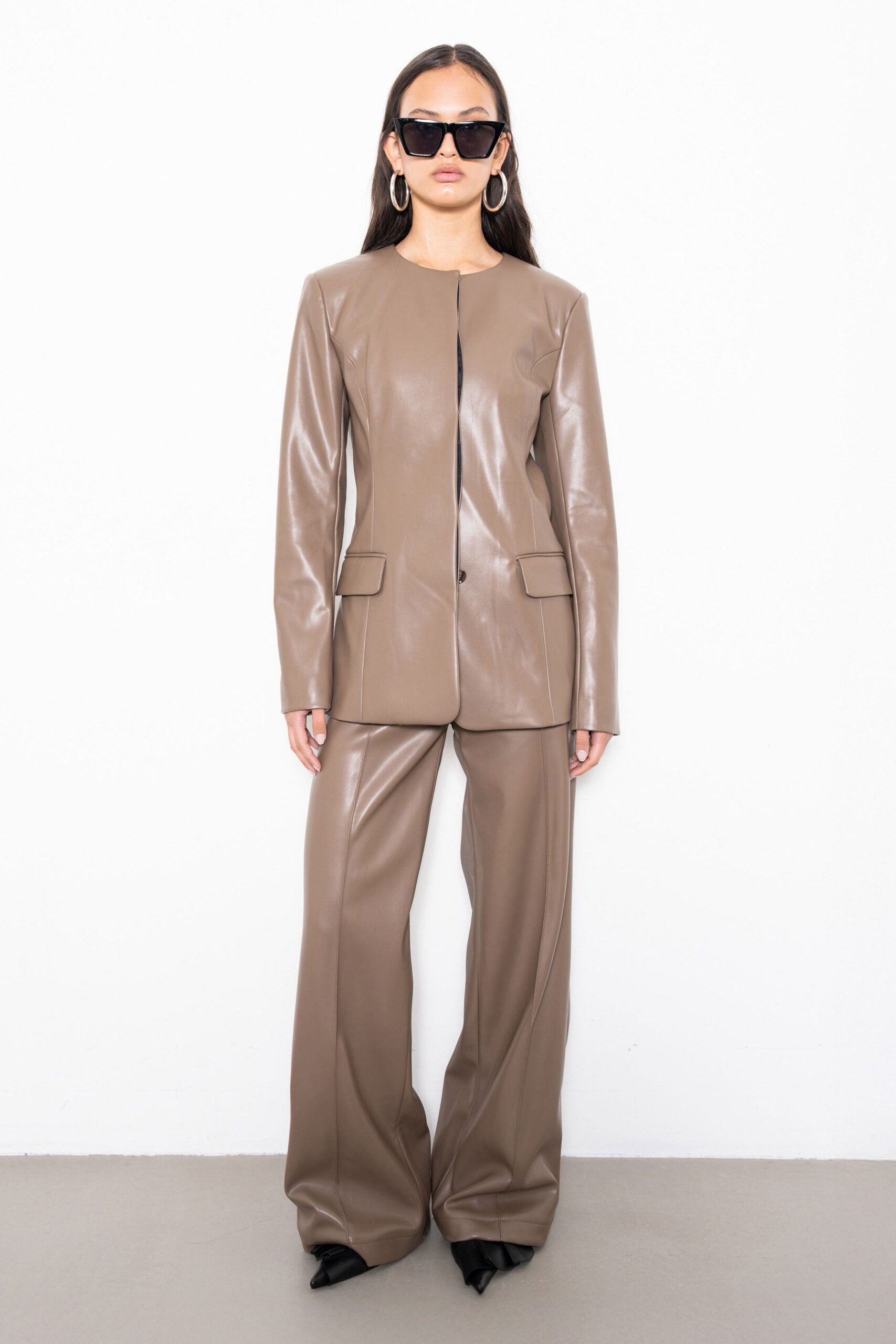 brown vinyl tailored straight-leg pants