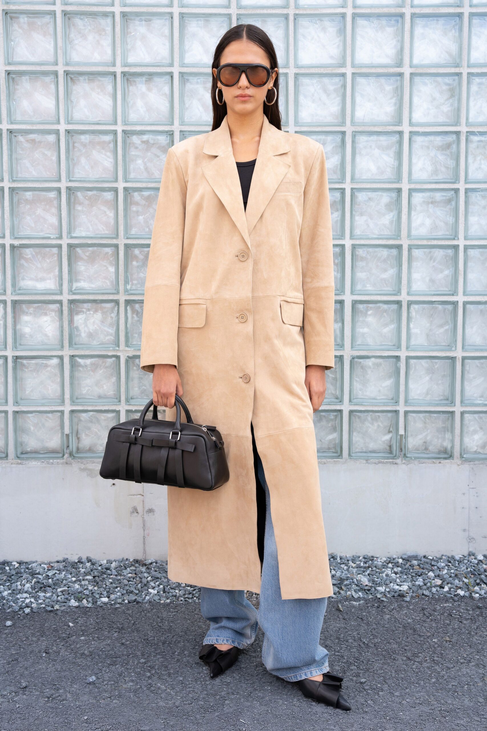 beige suede long-sleeve collared relaxed buttoned pockets coat