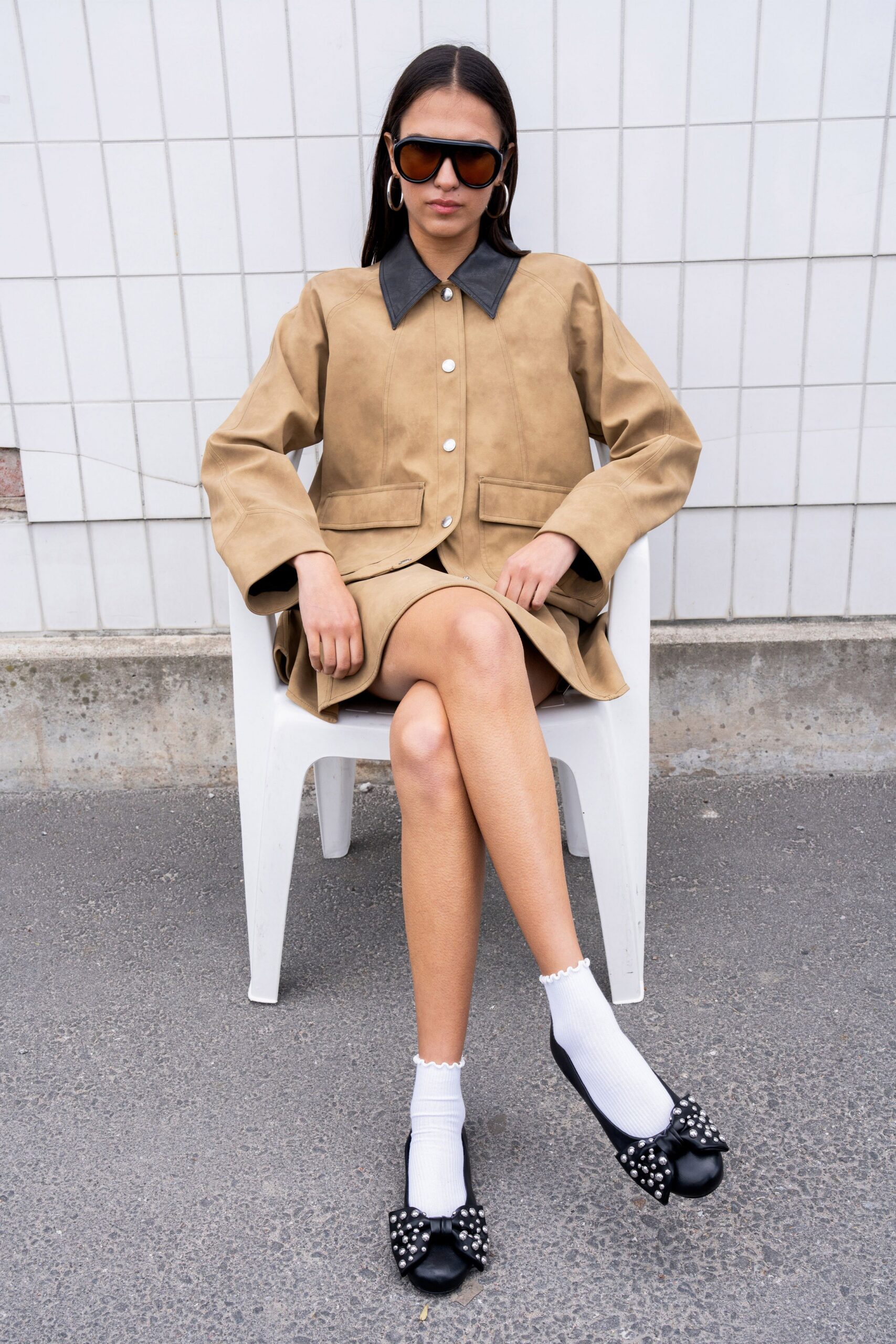 beige suede long-sleeve collared relaxed buttoned jacket