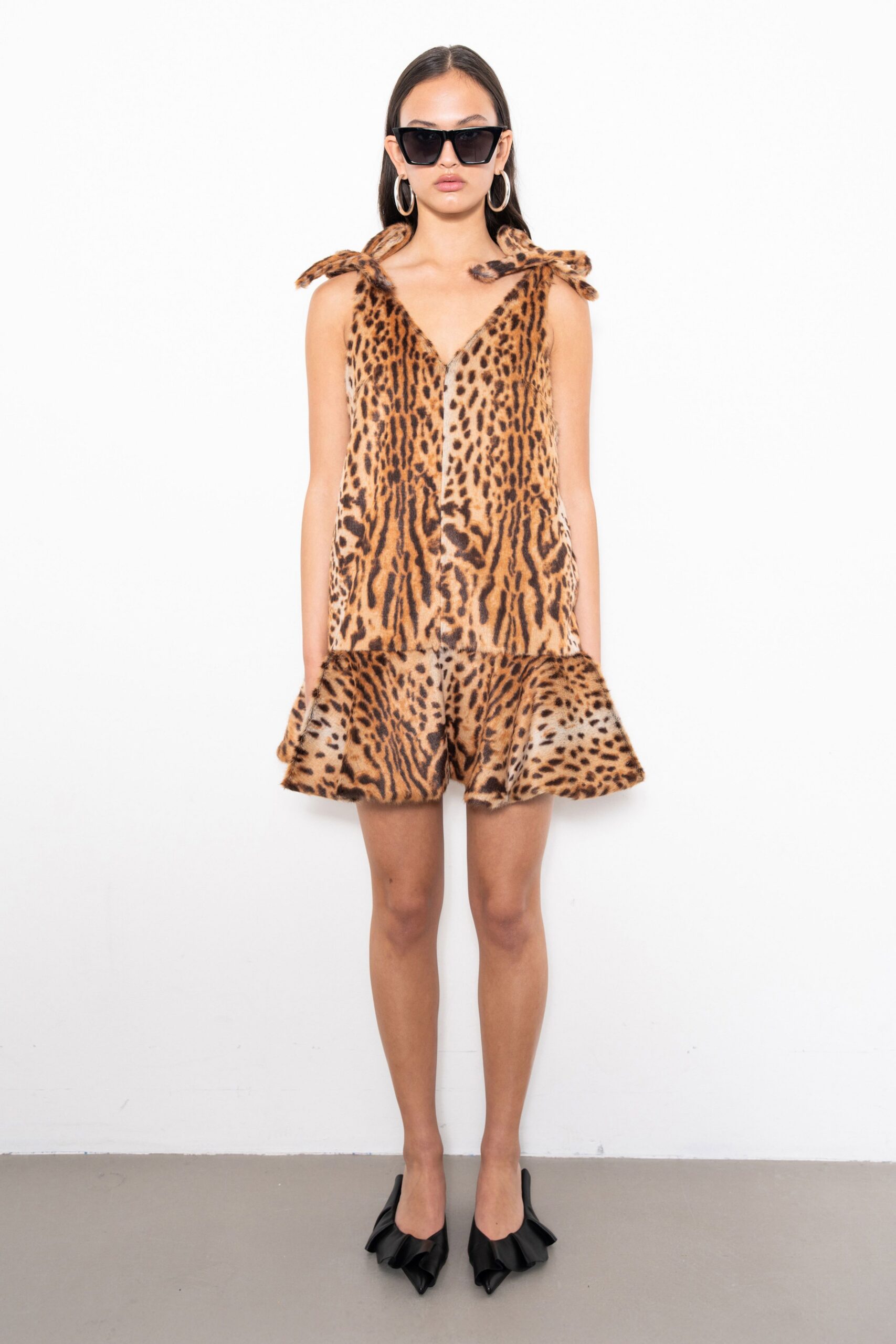 brown silk sleeveless v-neck fitted animal-print flared dress