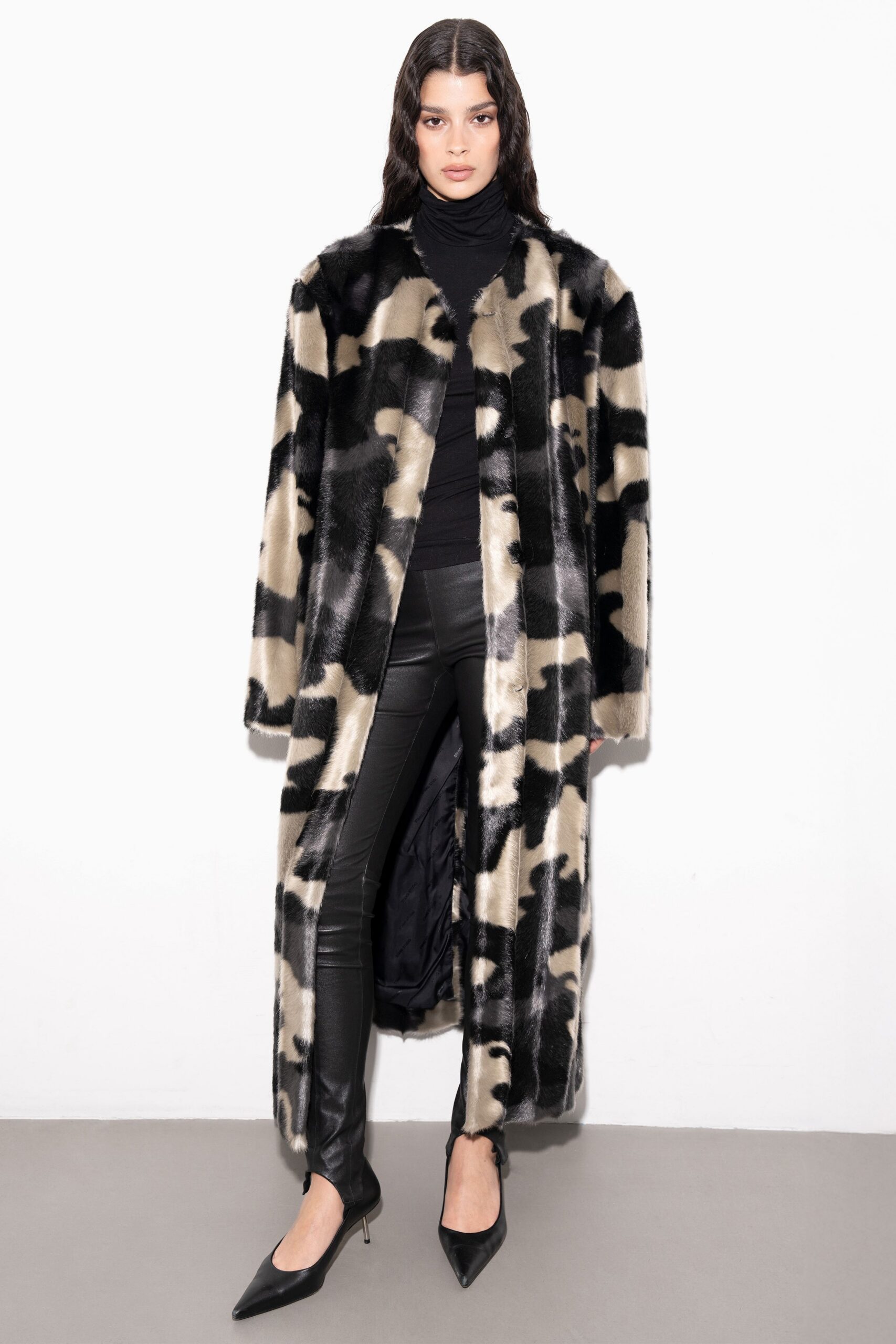 black faux-fur coat with fitted top