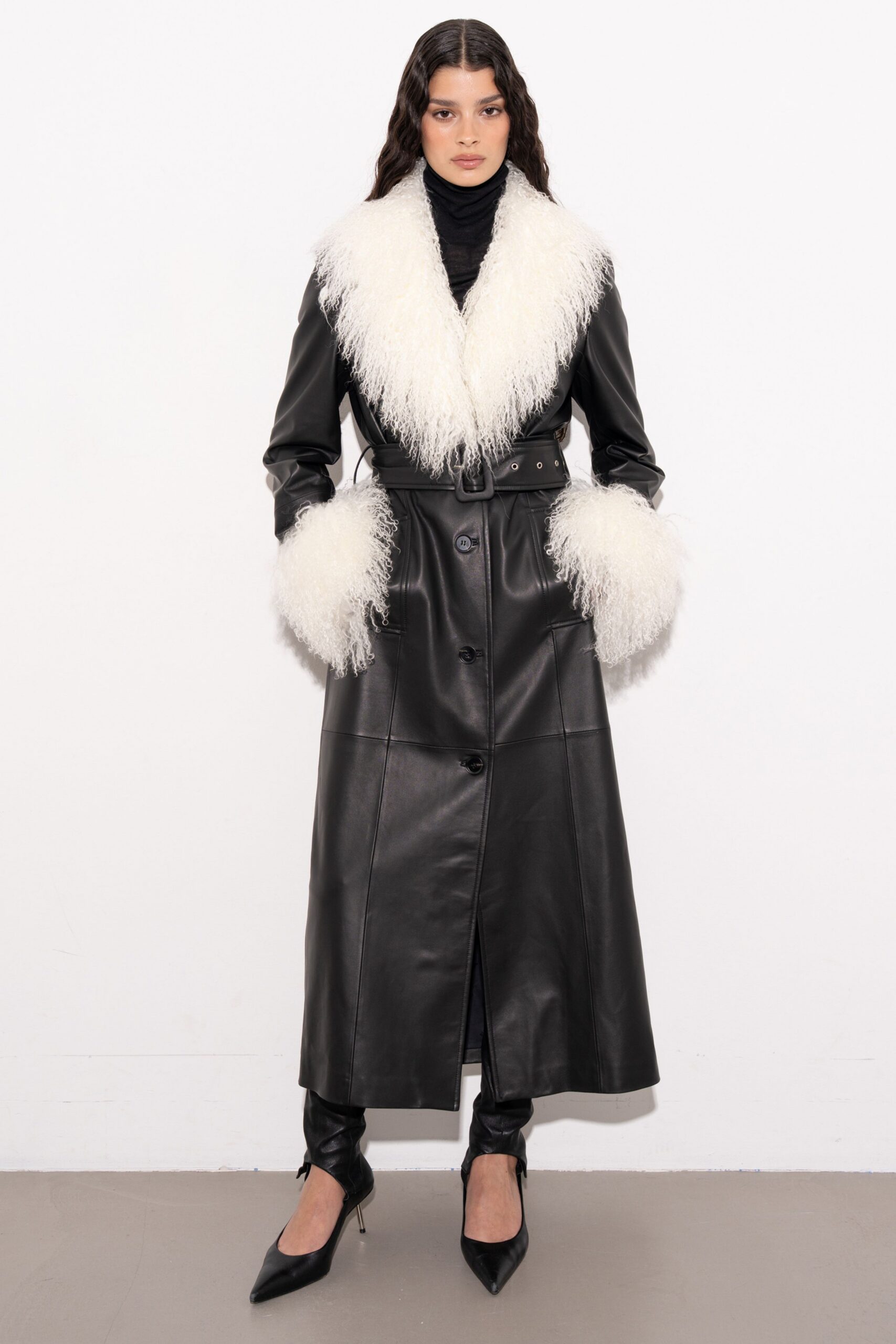 black leather long-sleeve collared fitted belted pleated coat