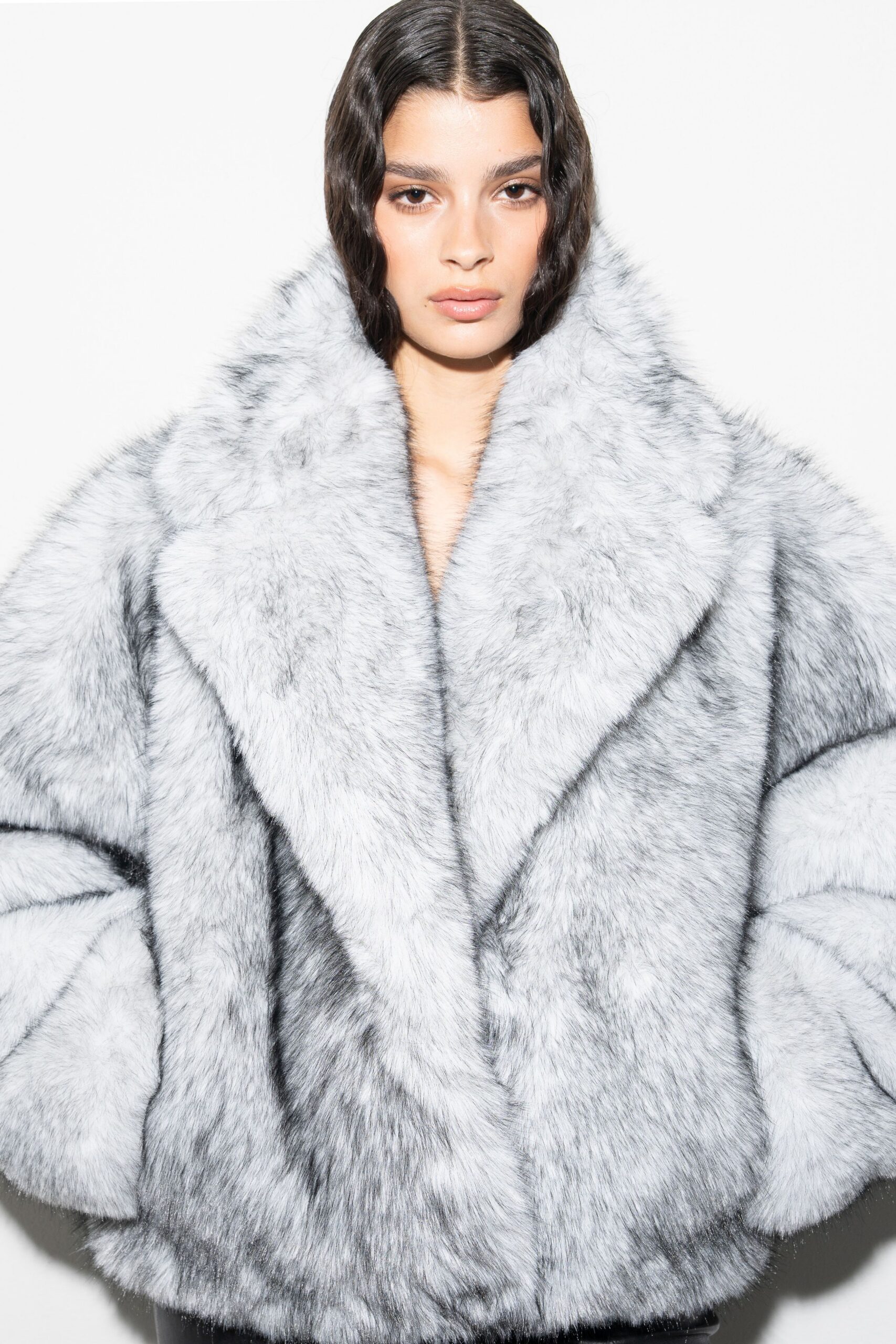 gray oversized faux-fur coat