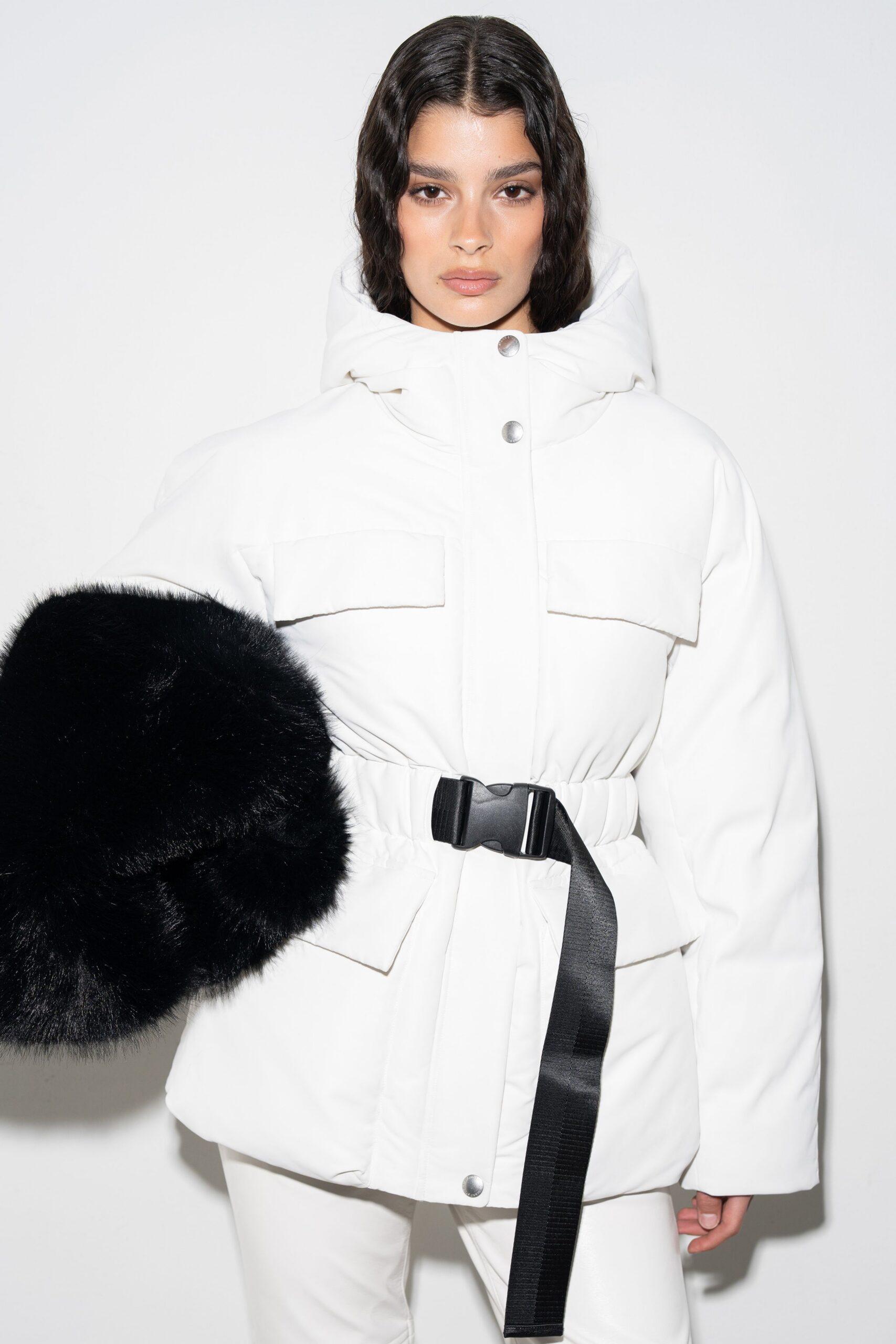 white faux-fur hooded long-sleeve relaxed zippered belted jacket