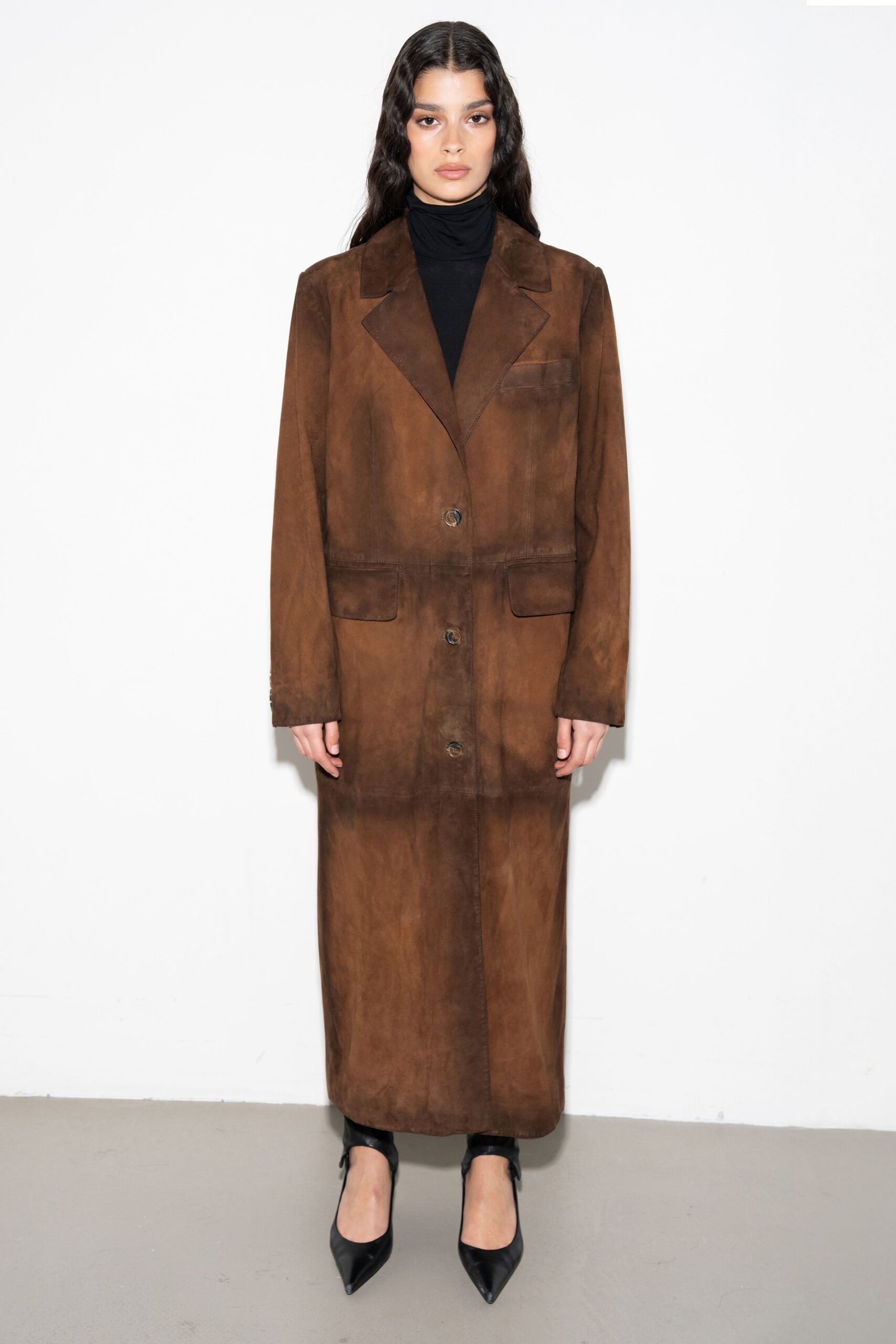 brown suede long-sleeve collared relaxed buttoned straight-leg coat