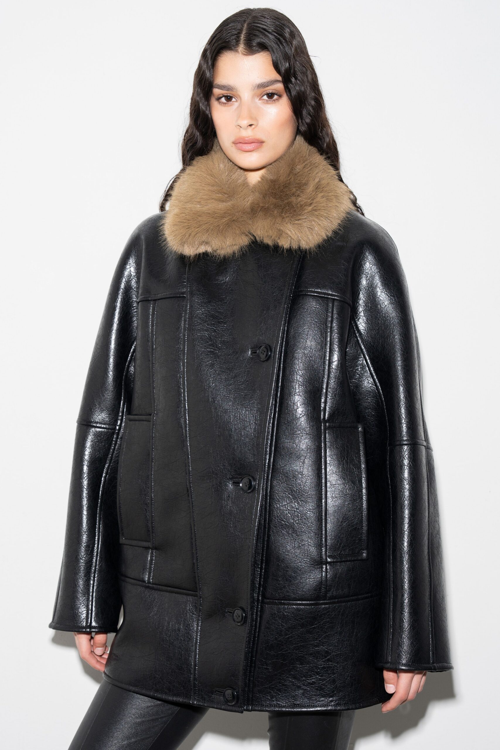 black leather coat with fur collar