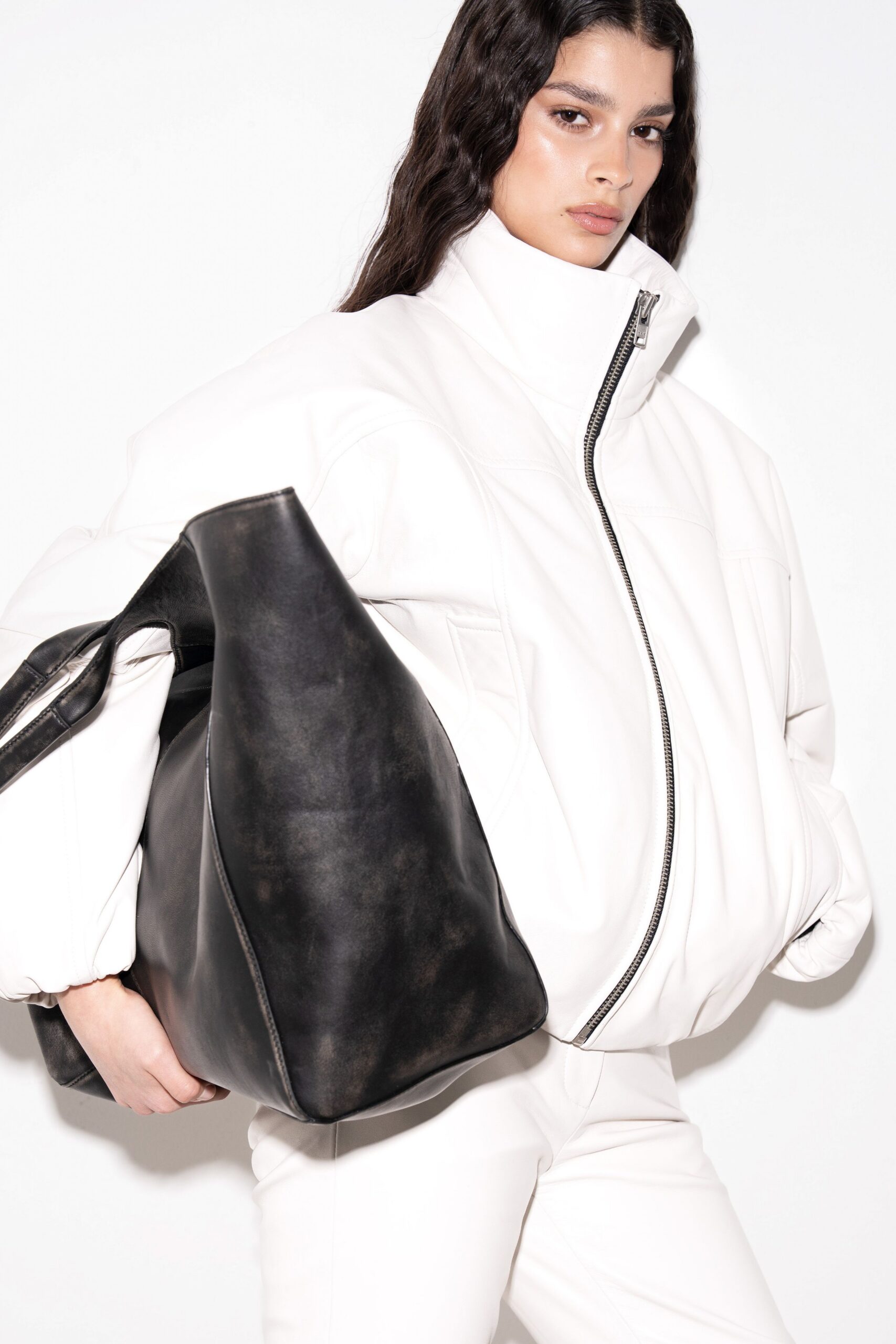 white leather long-sleeve collared oversized jacket