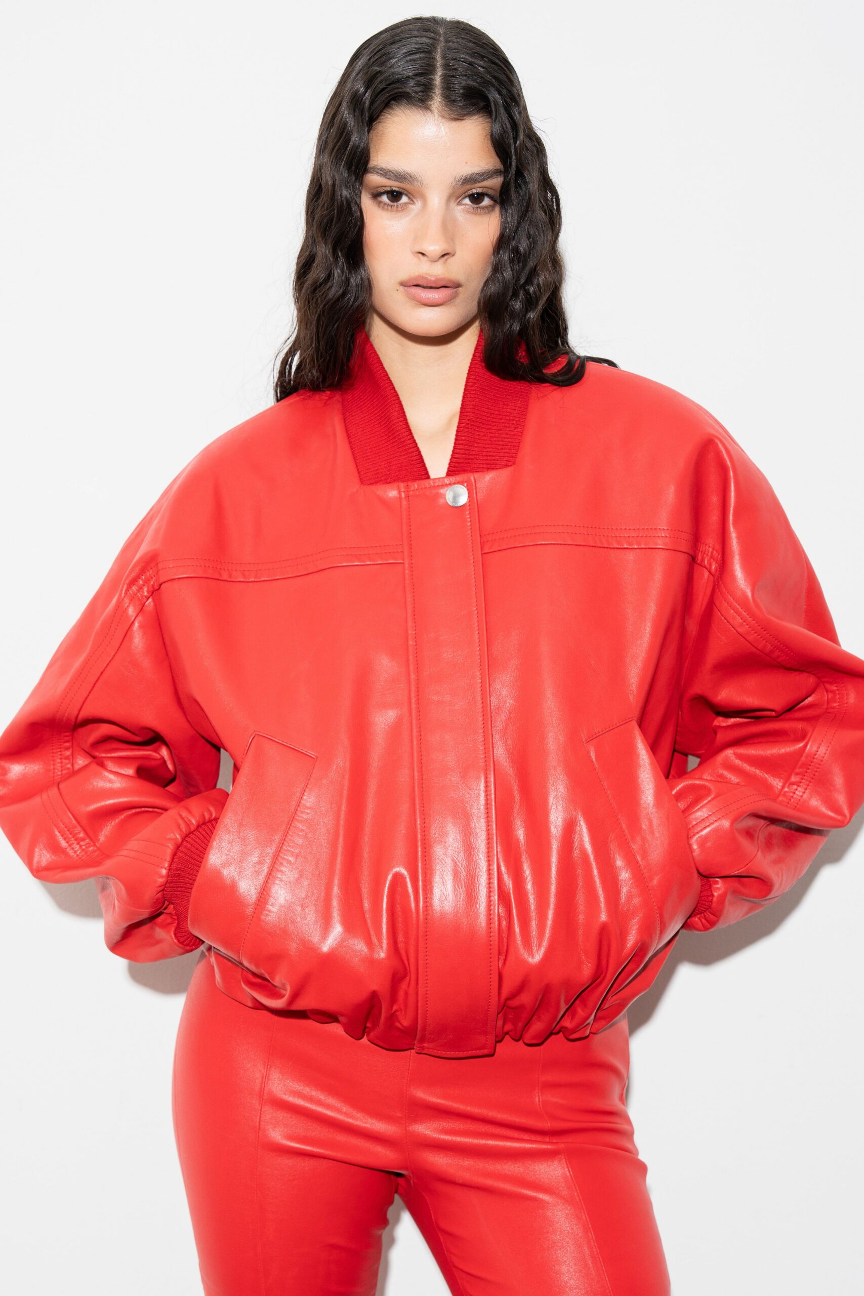 red leather long-sleeve collared oversized jacket
