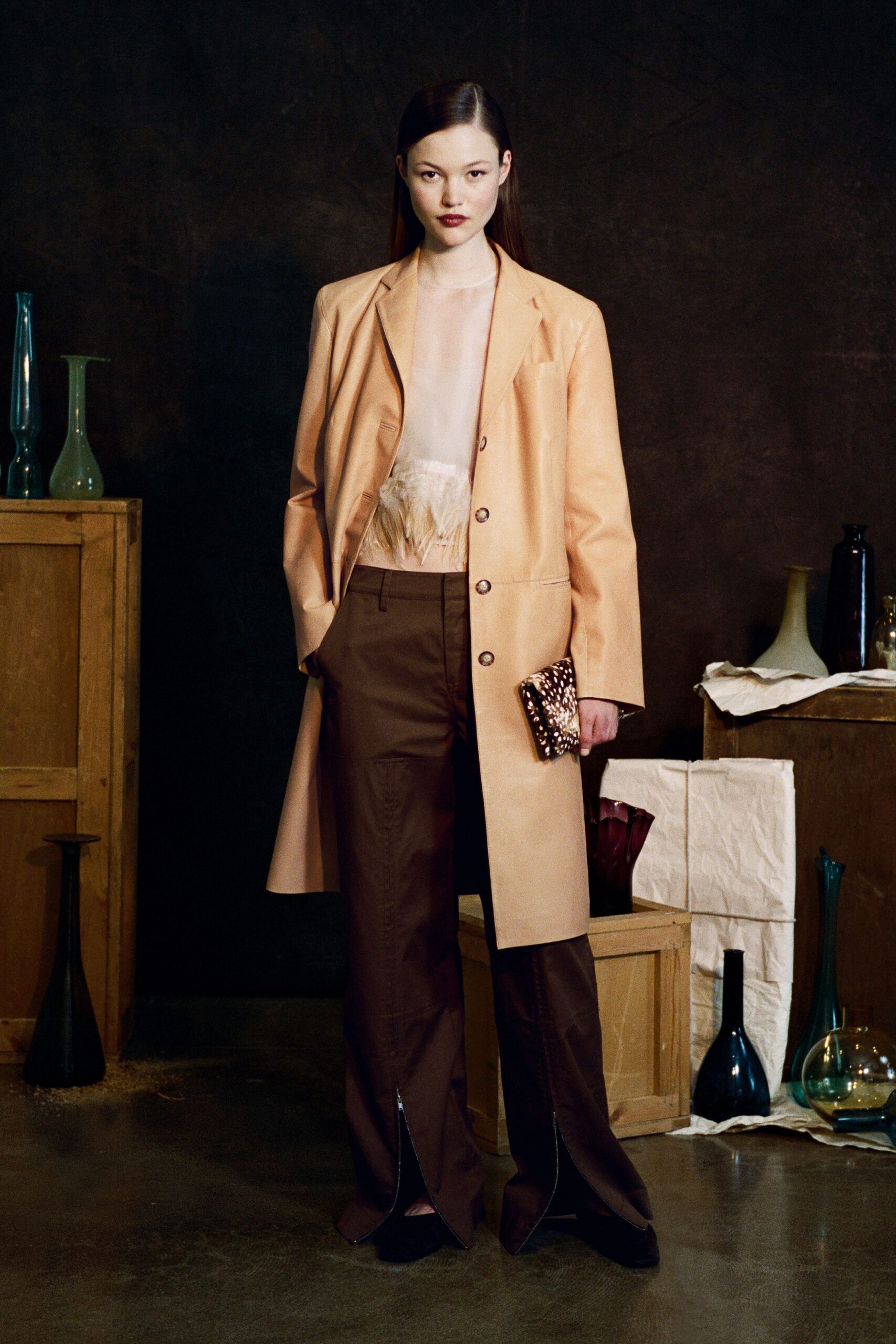 beige leather long-sleeve collared tailored structured buttoned coat