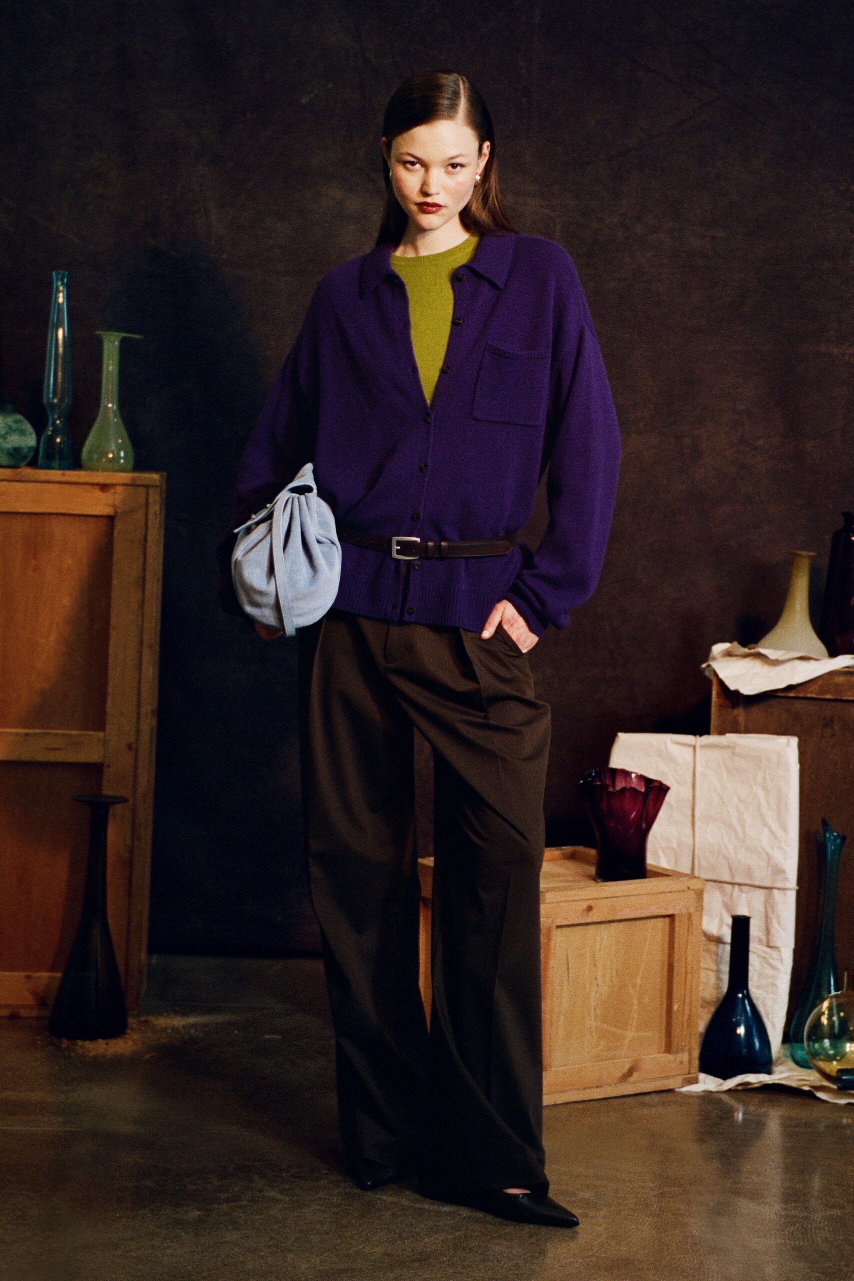 purple wool long-sleeve collared relaxed buttoned cardigan
