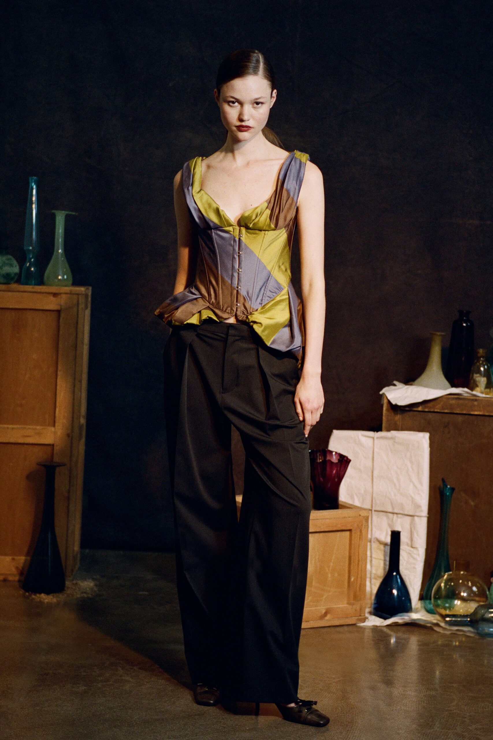 purple silk sleeveless v-neck fitted ruched top
