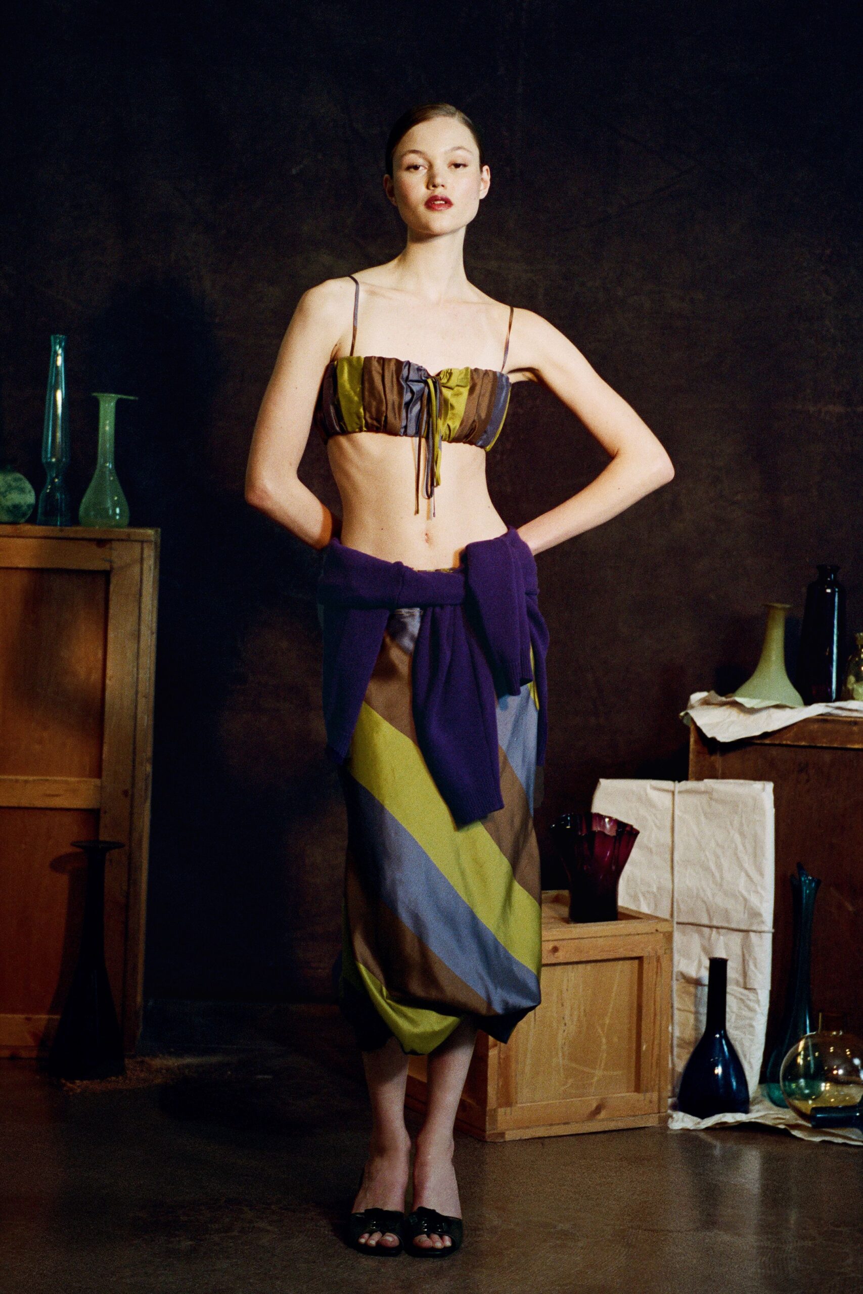 green silk sleeveless v-neck fitted ruched cropped crop-top